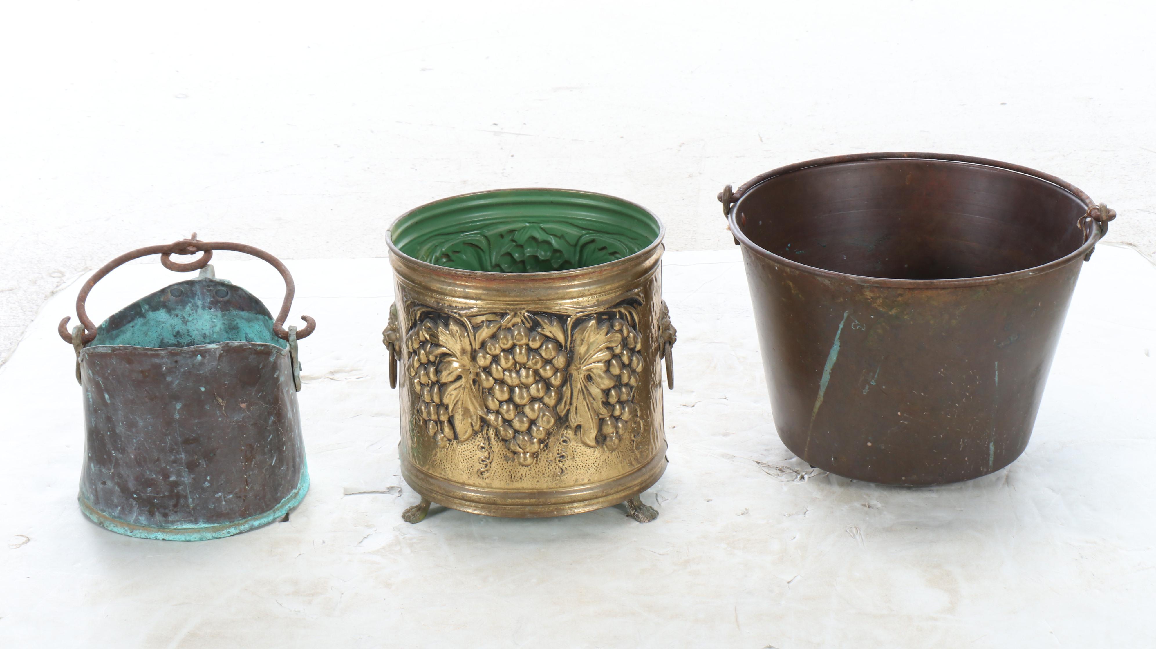 Concrete Pedestal Planters with Buckets and Other Outdoor Décor