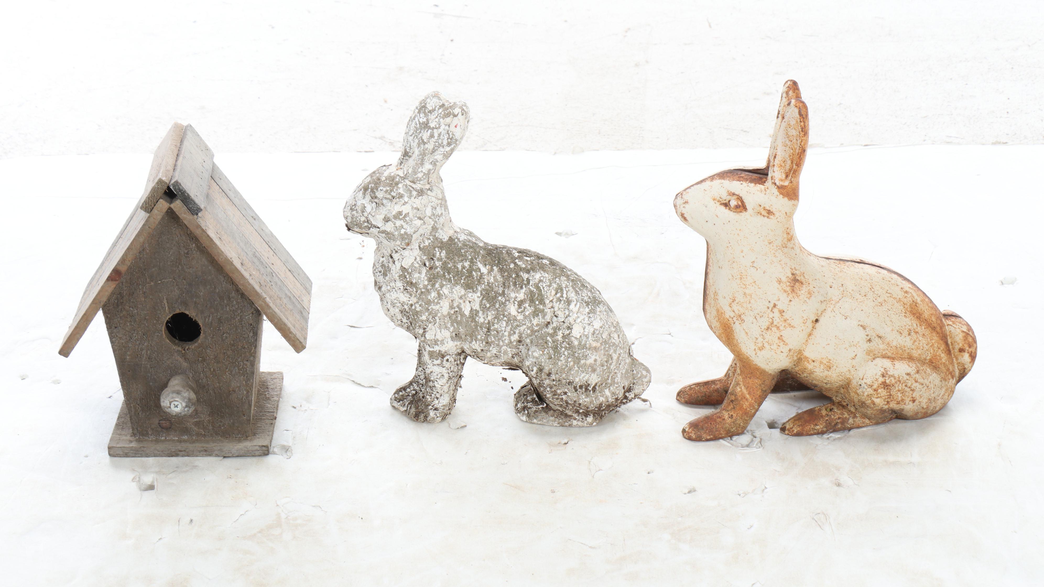 Concrete Pedestal Planters with Buckets and Other Outdoor Décor