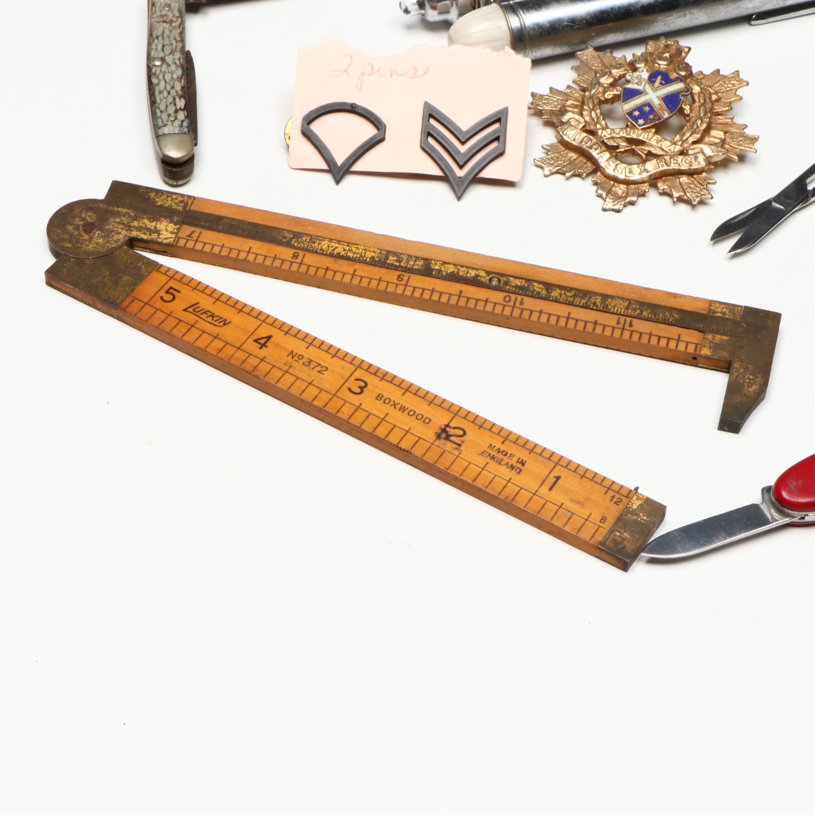 Brass and Carved Wood Set of Steak Knives with Pocketknives and More