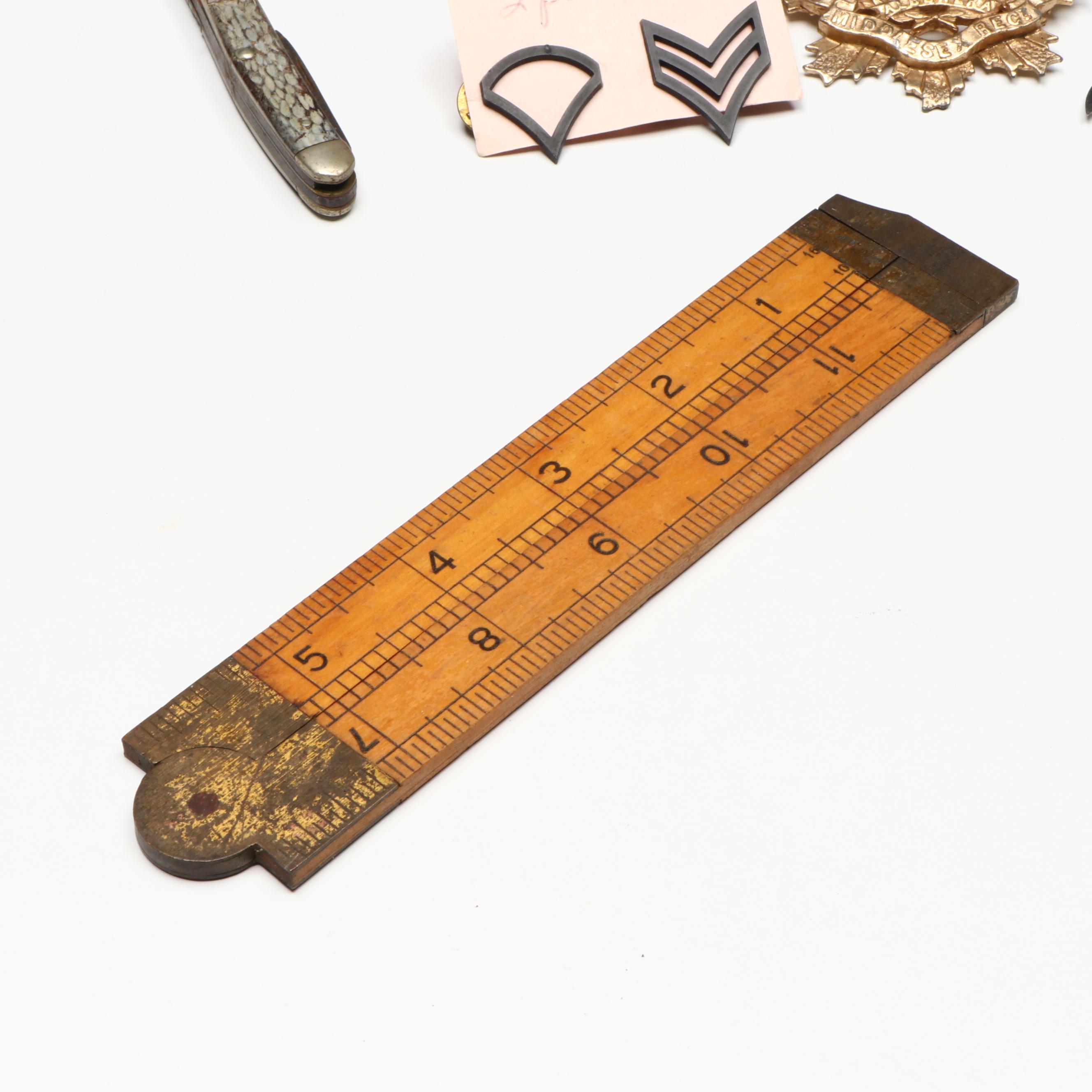 Brass and Carved Wood Set of Steak Knives with Pocketknives and More