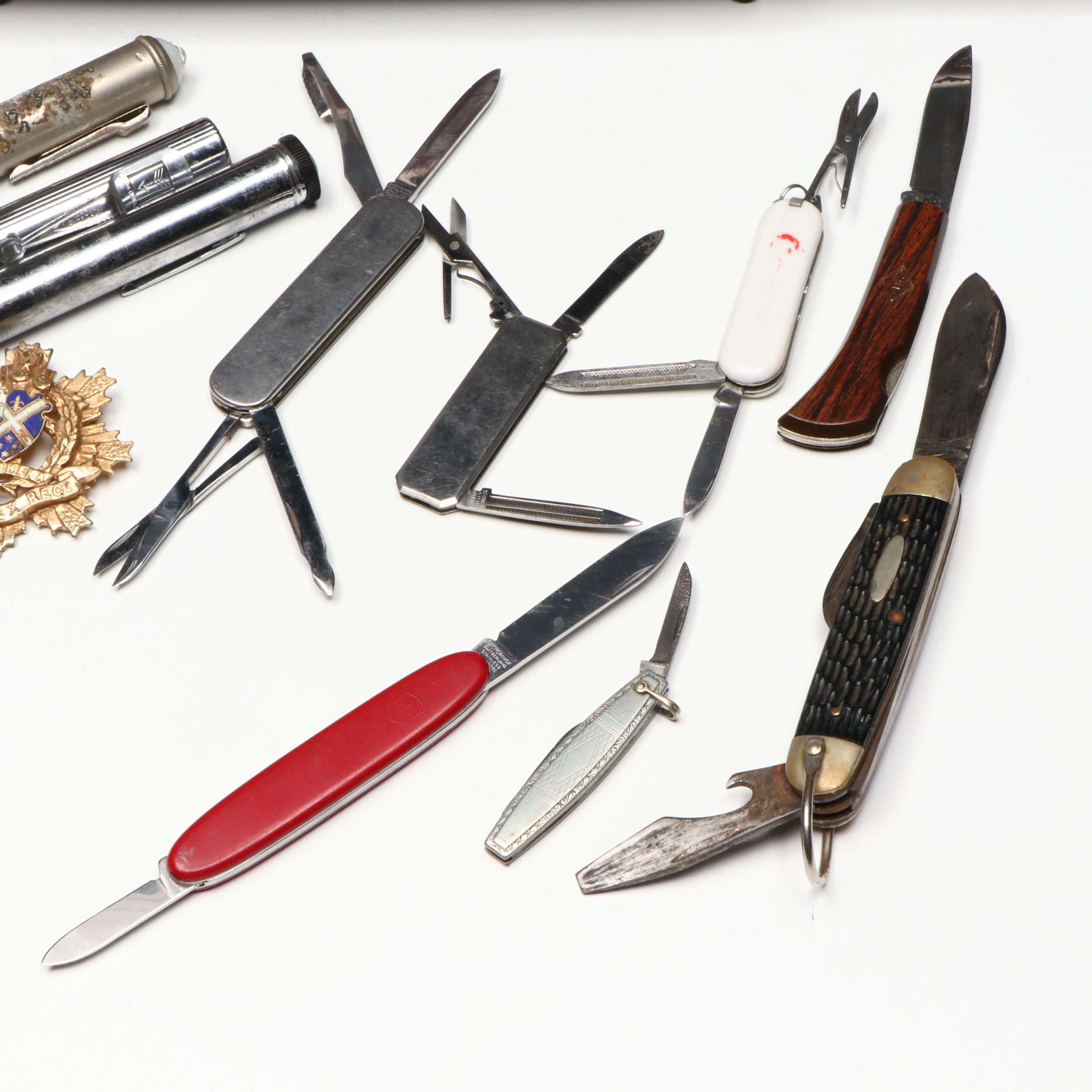 Brass and Carved Wood Set of Steak Knives with Pocketknives and More