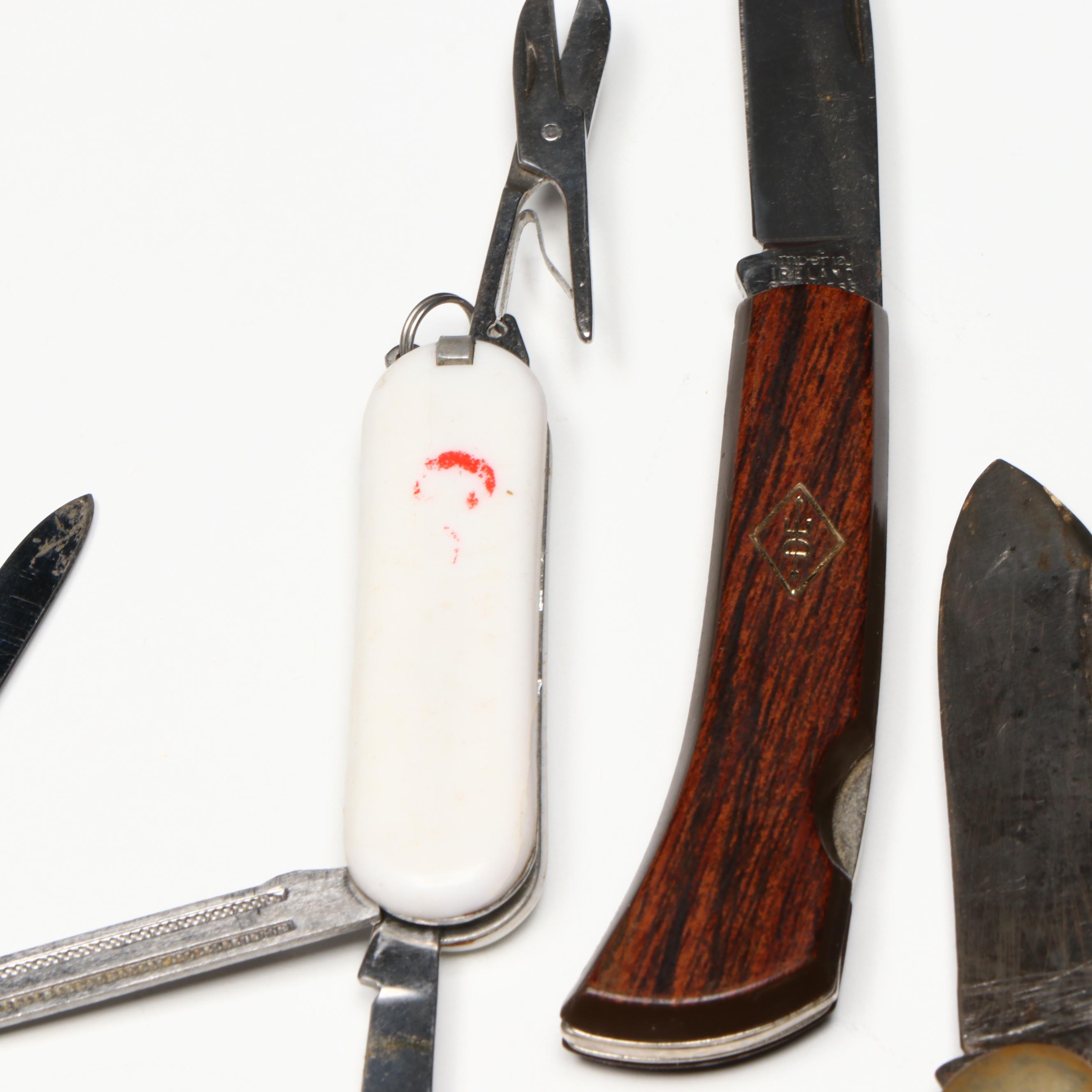 Brass and Carved Wood Set of Steak Knives with Pocketknives and More