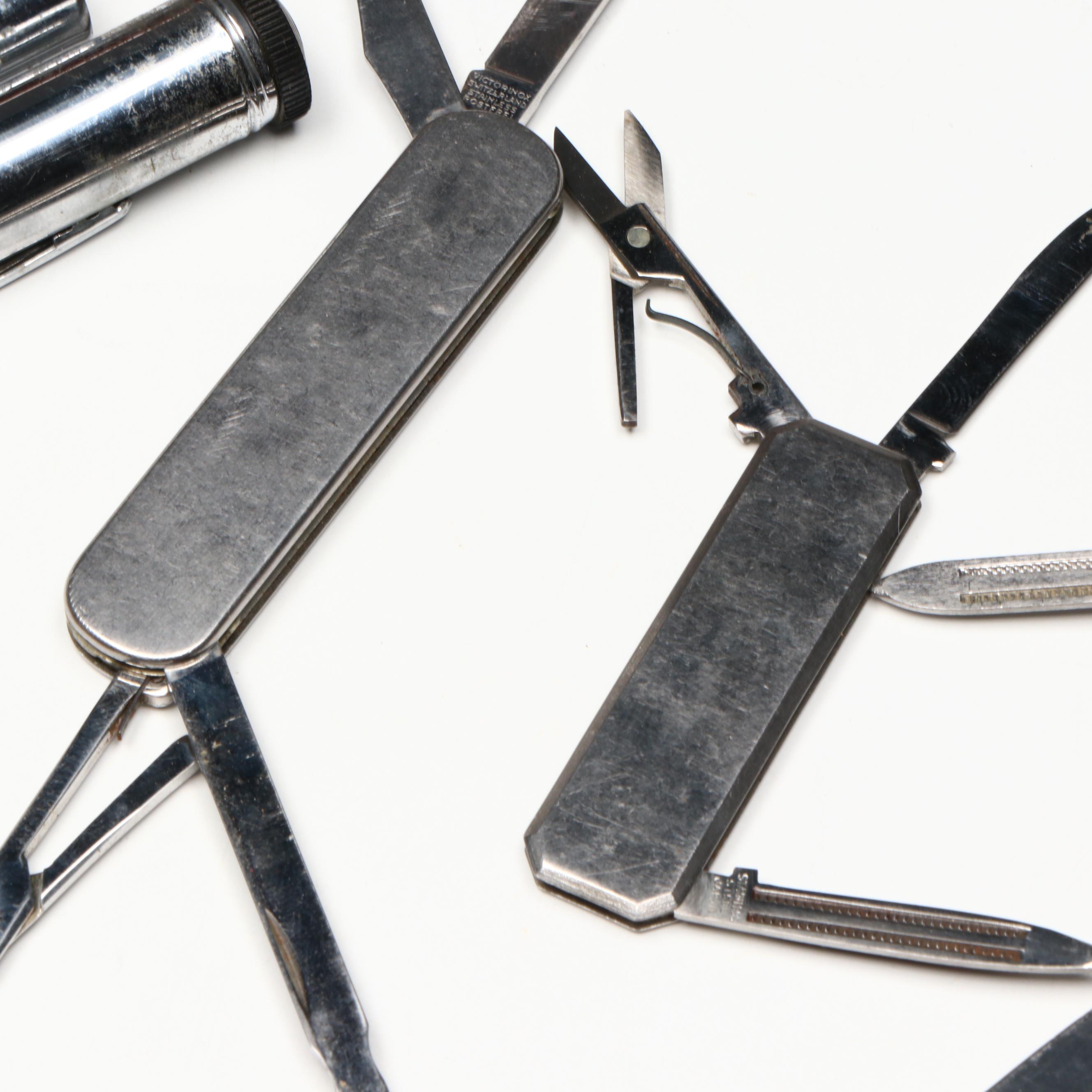 Brass and Carved Wood Set of Steak Knives with Pocketknives and More