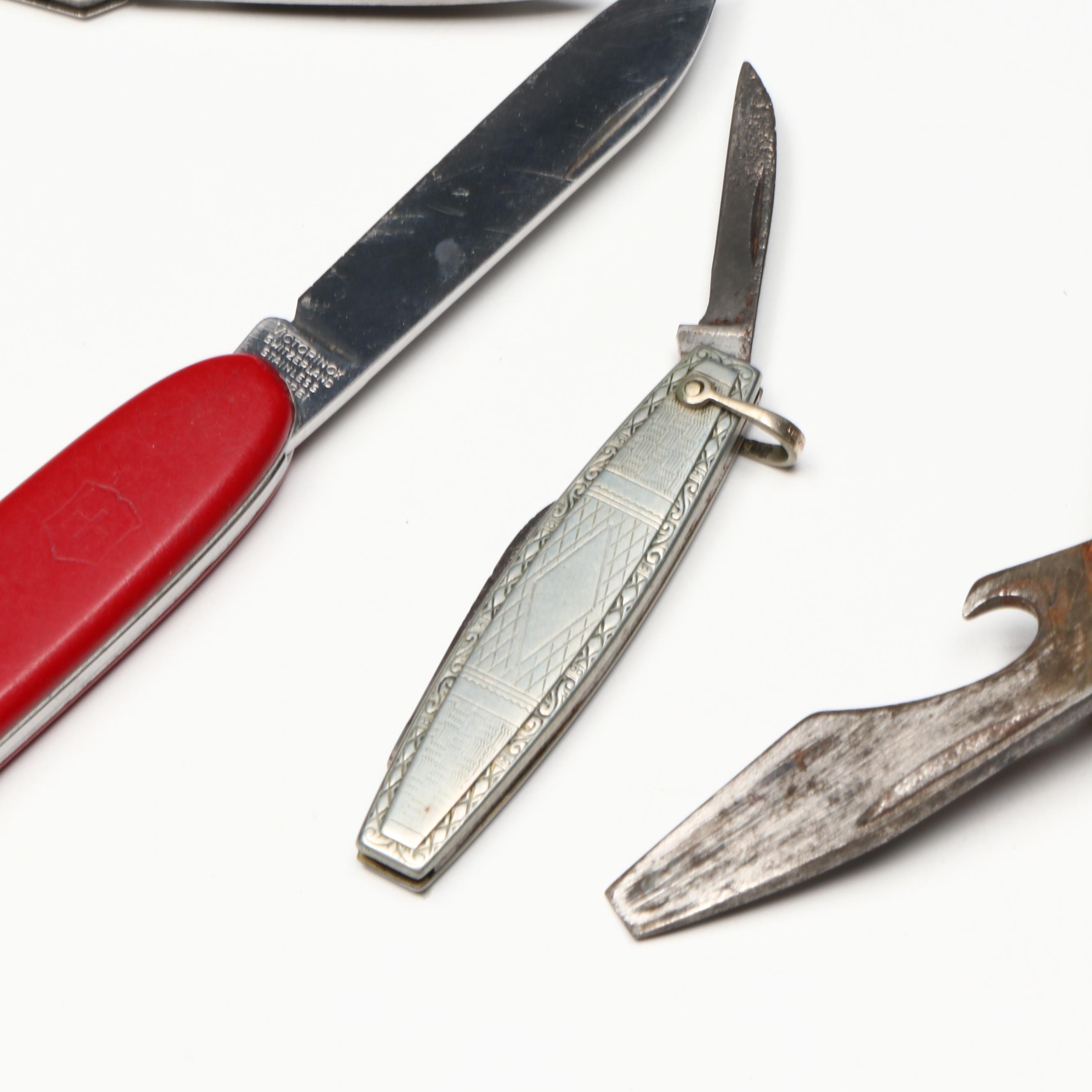 Brass and Carved Wood Set of Steak Knives with Pocketknives and More