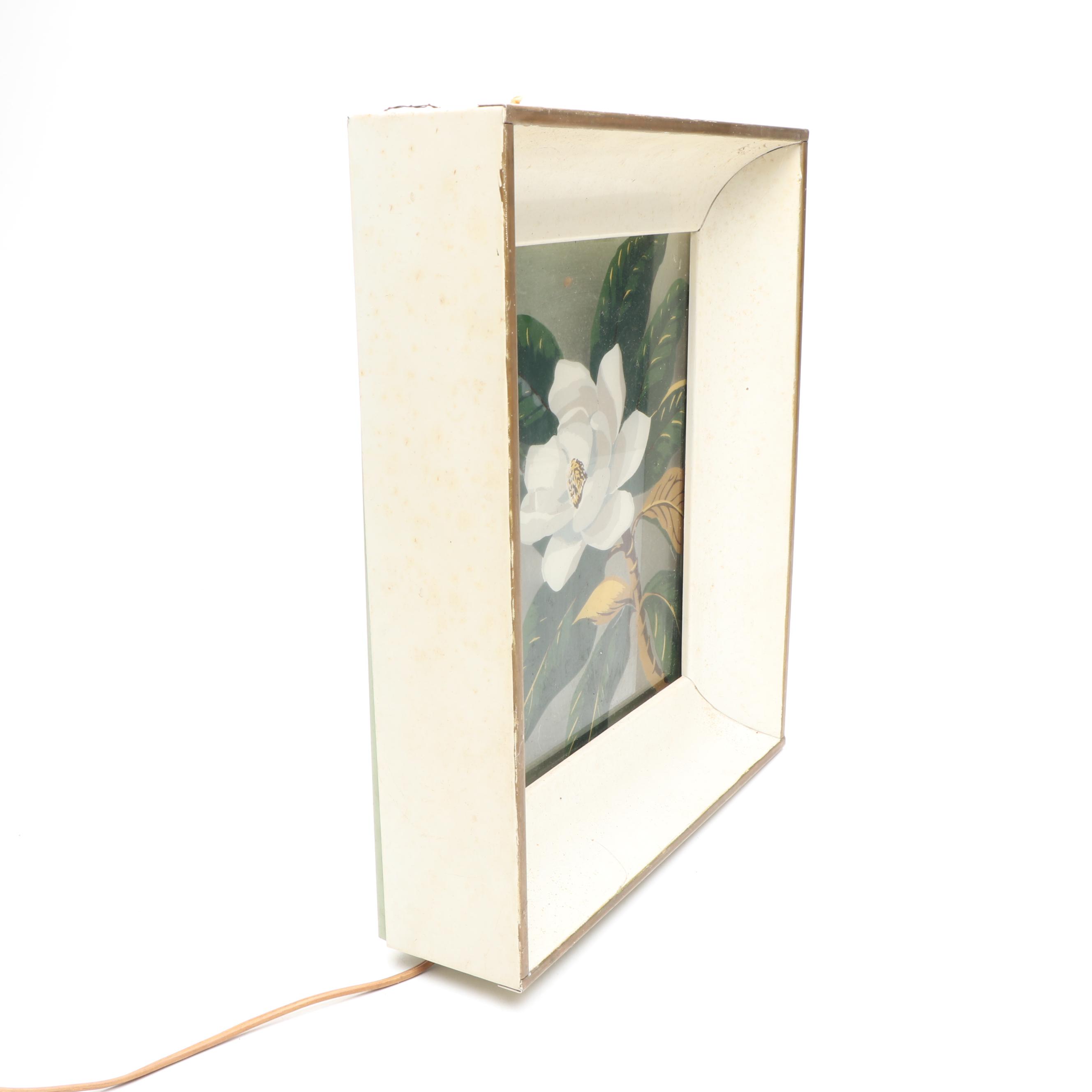 Reverse Painted Magnolia Glass Panel in Metal Frame Shadow Box