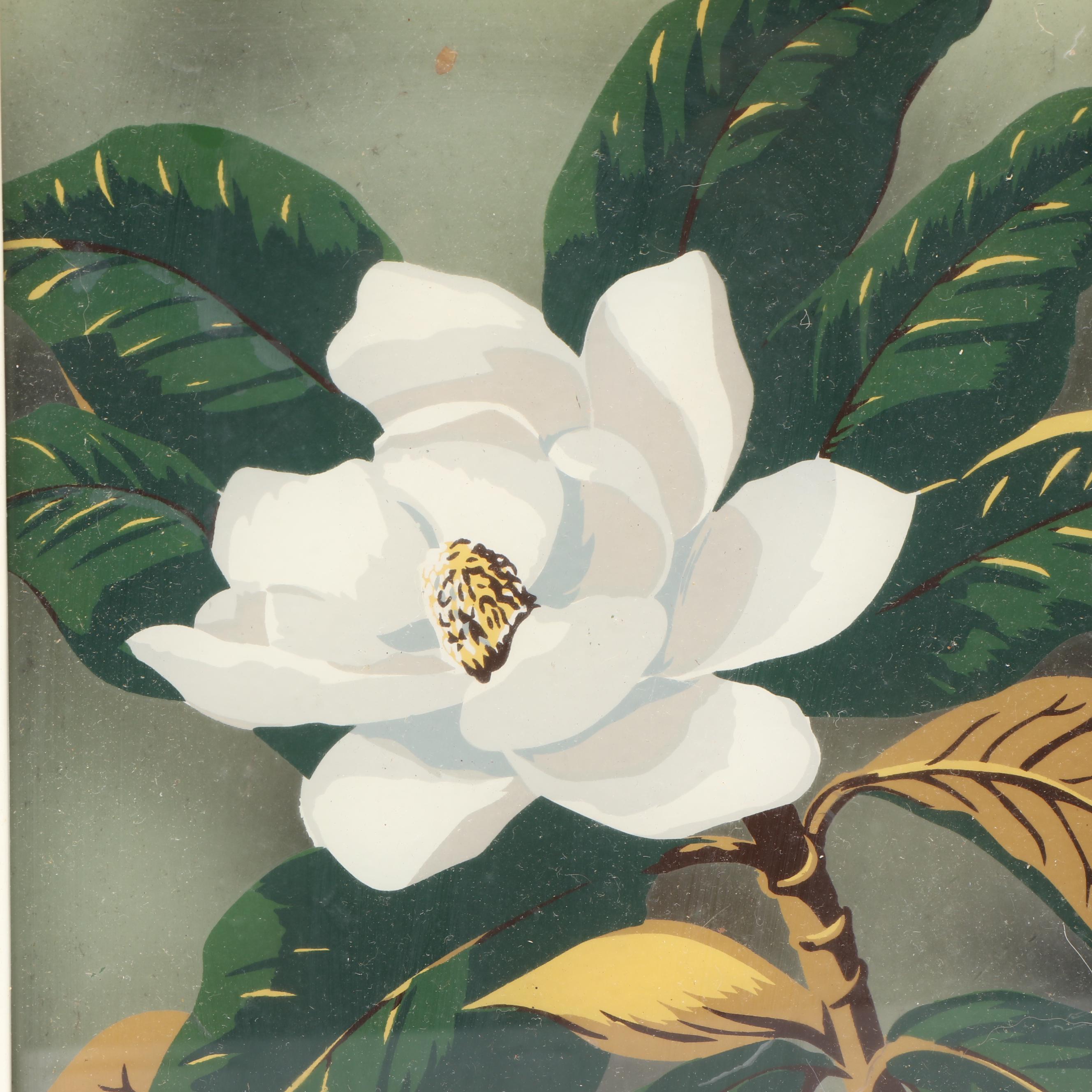 Reverse Painted Magnolia Glass Panel in Metal Frame Shadow Box