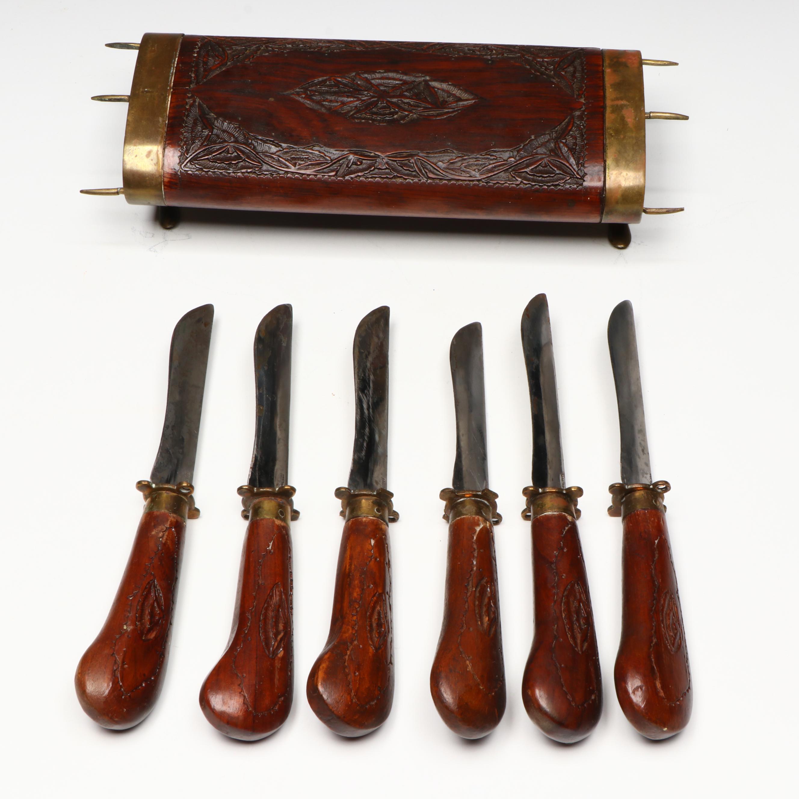 Brass and Carved Wood Set of Steak Knives with Pocketknives and More
