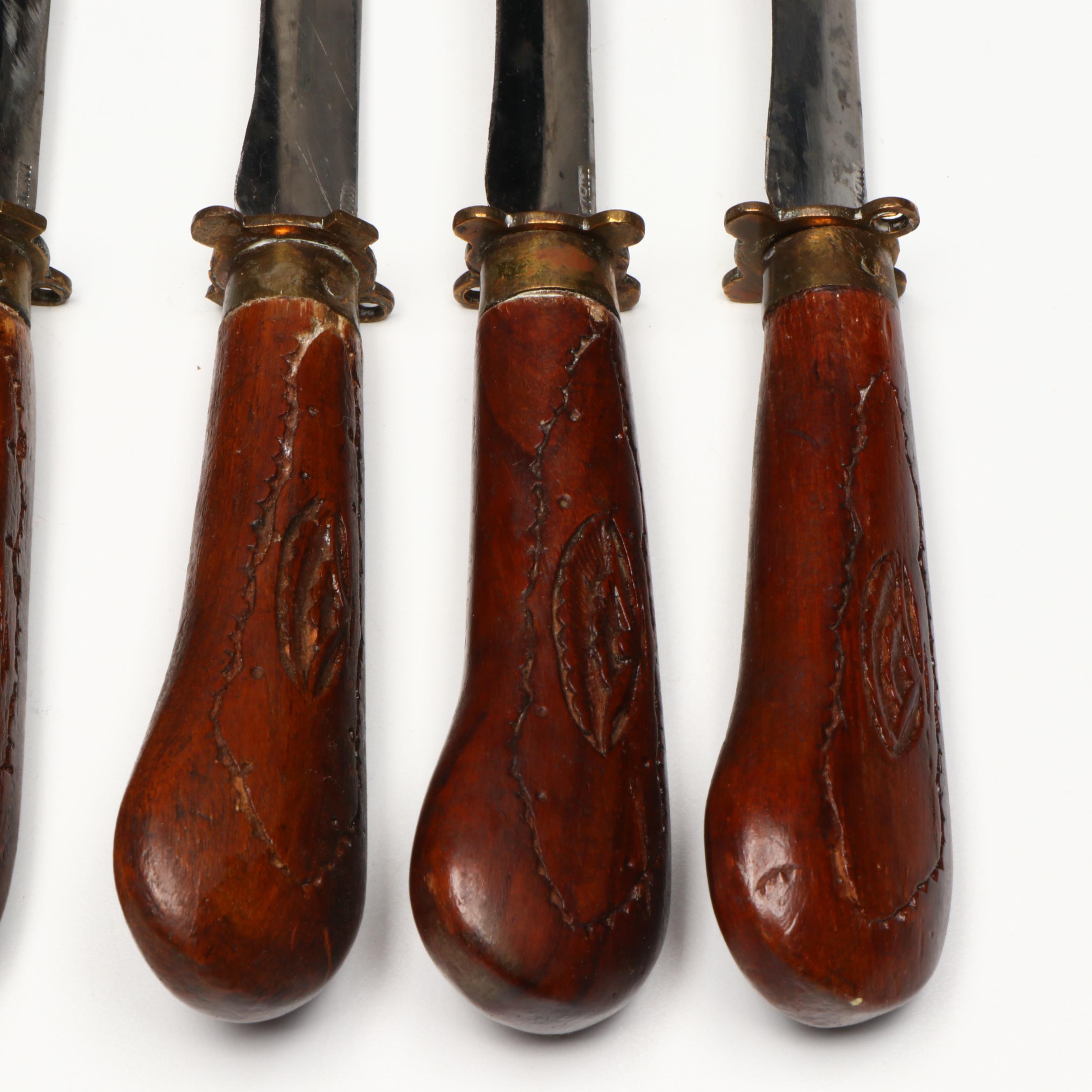 Brass and Carved Wood Set of Steak Knives with Pocketknives and More
