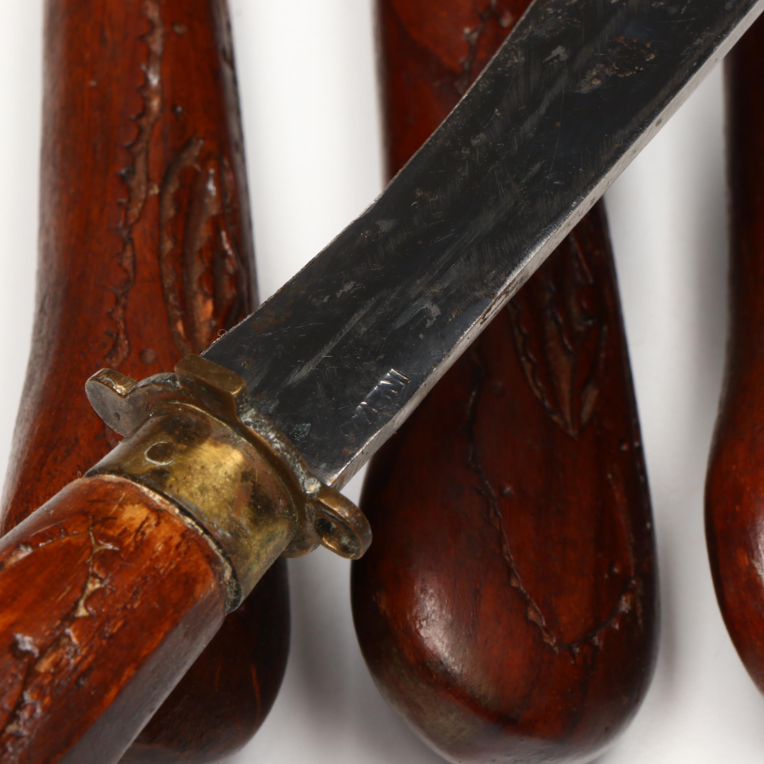 Brass and Carved Wood Set of Steak Knives with Pocketknives and More