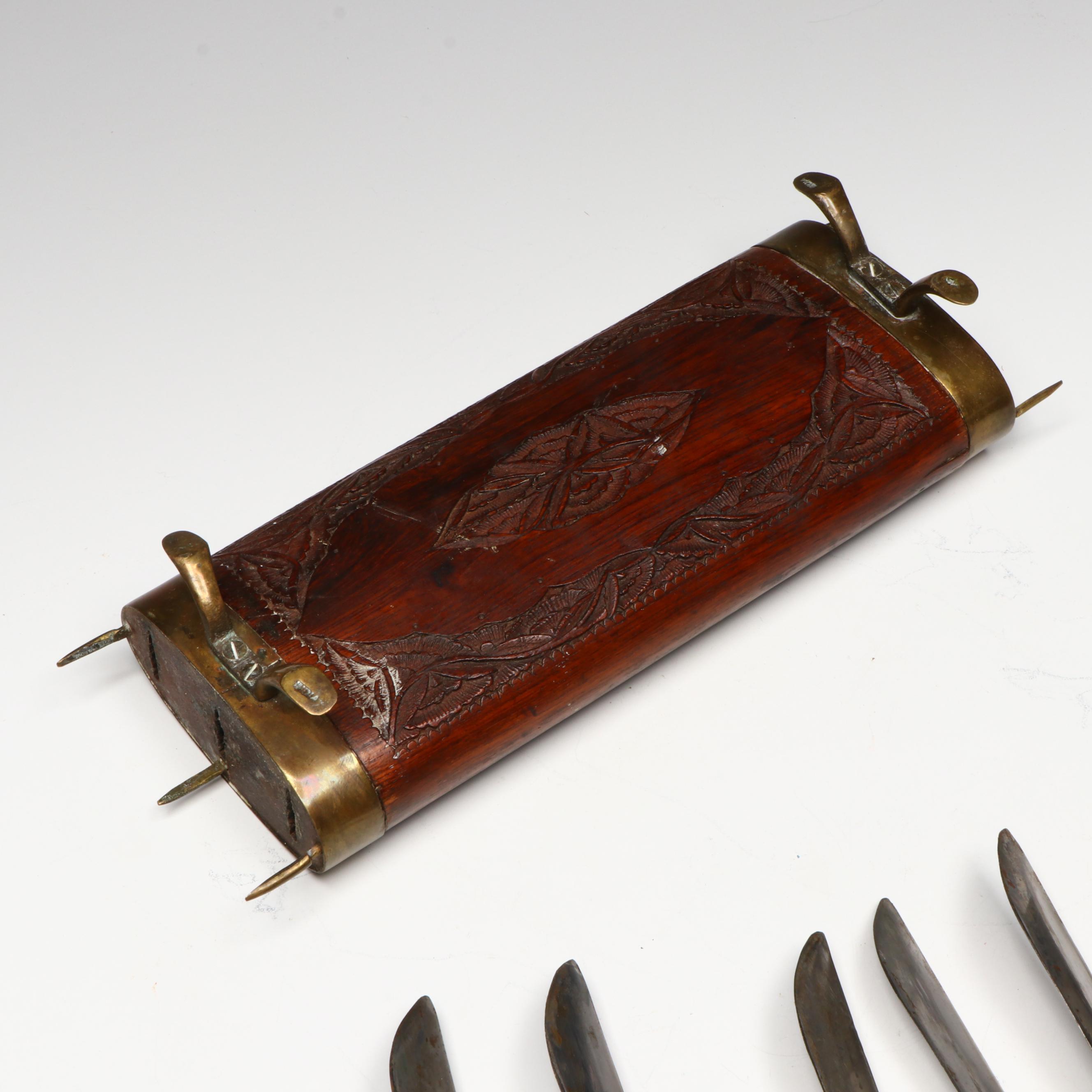 Brass and Carved Wood Set of Steak Knives with Pocketknives and More