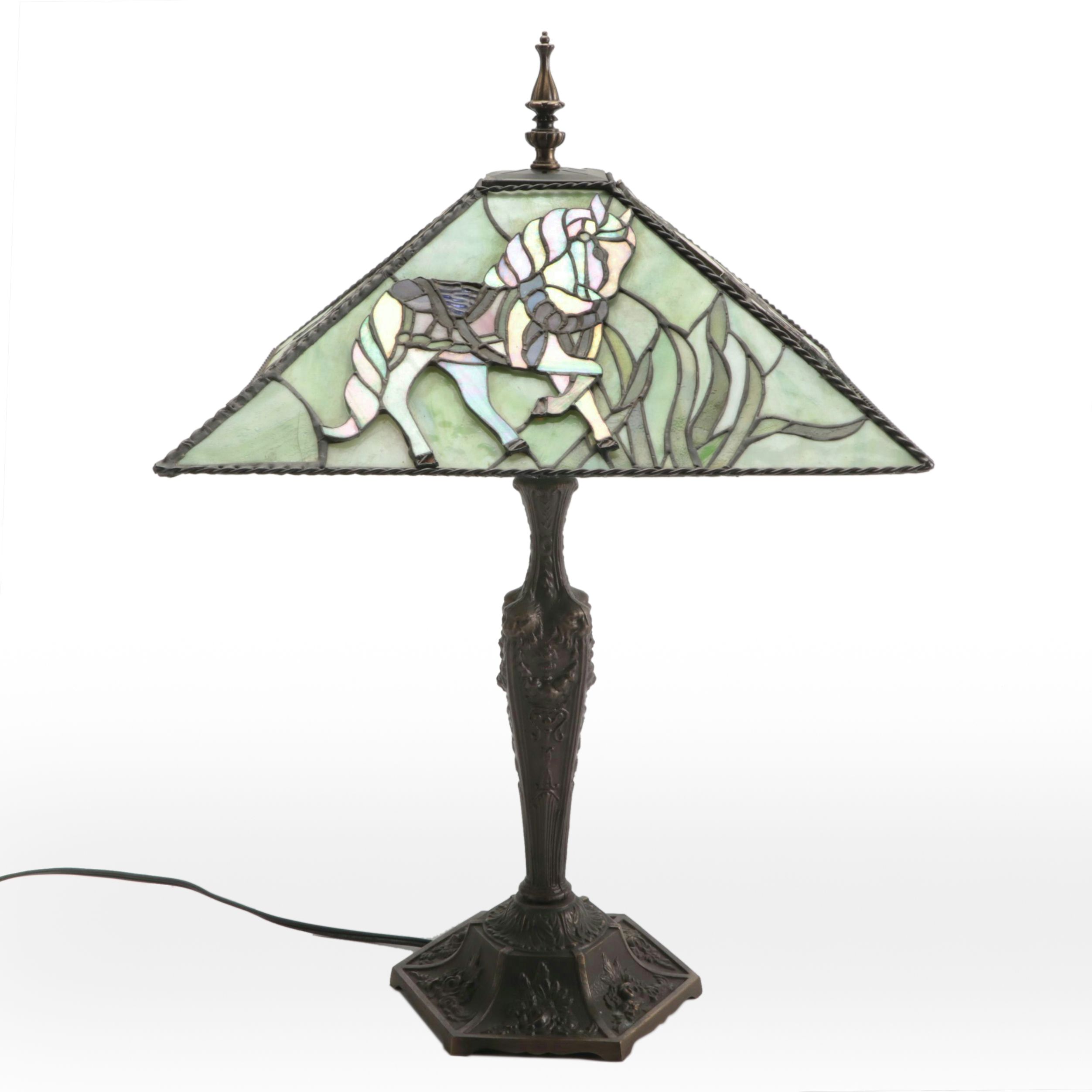 Empire Style Cast Metal Lamp with White Horse Slag Glass Shade