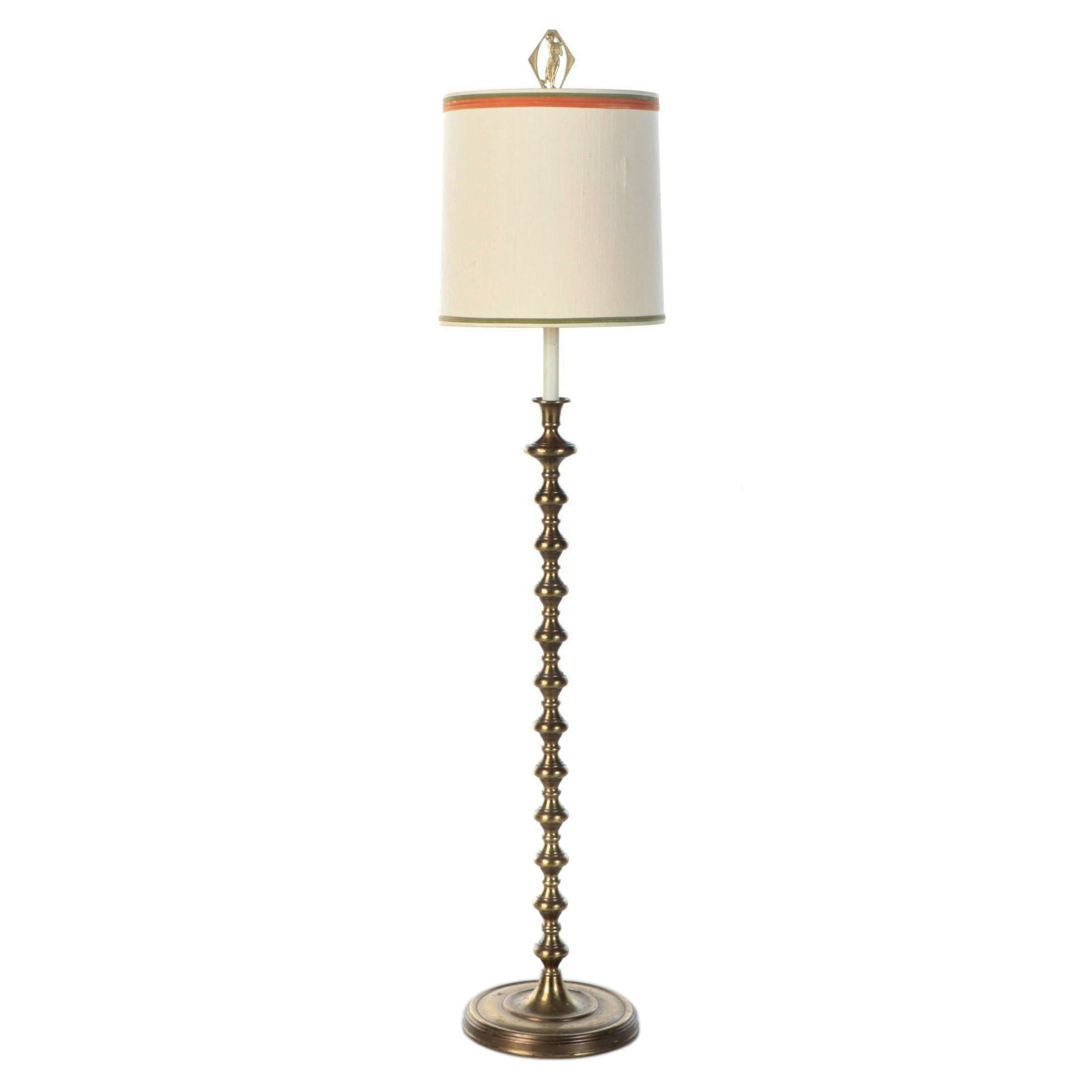 Brass Floor Lamp with Art Nouveau Style Finial and Drum Shade