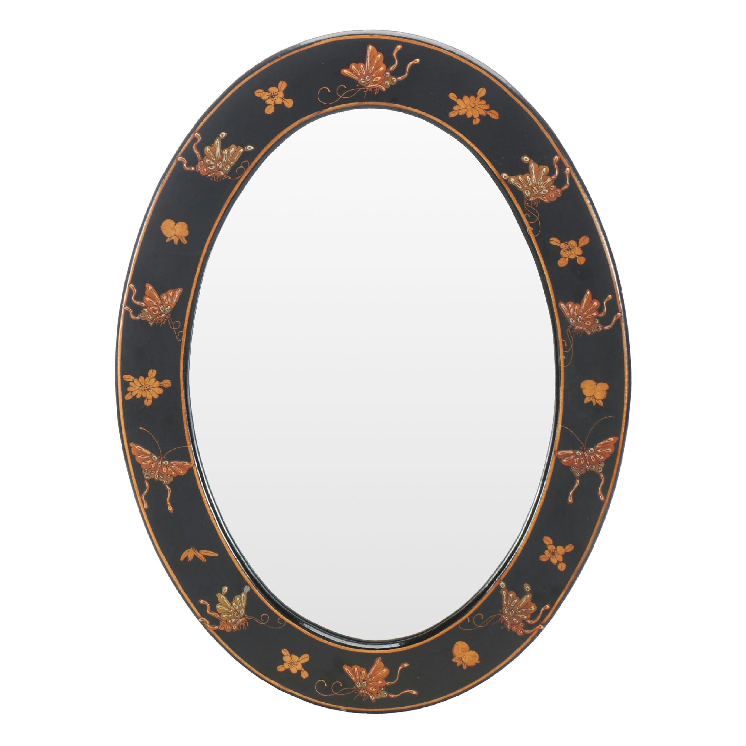 Chinoiserie Butterfly Black Lacquerware Oval Mirror