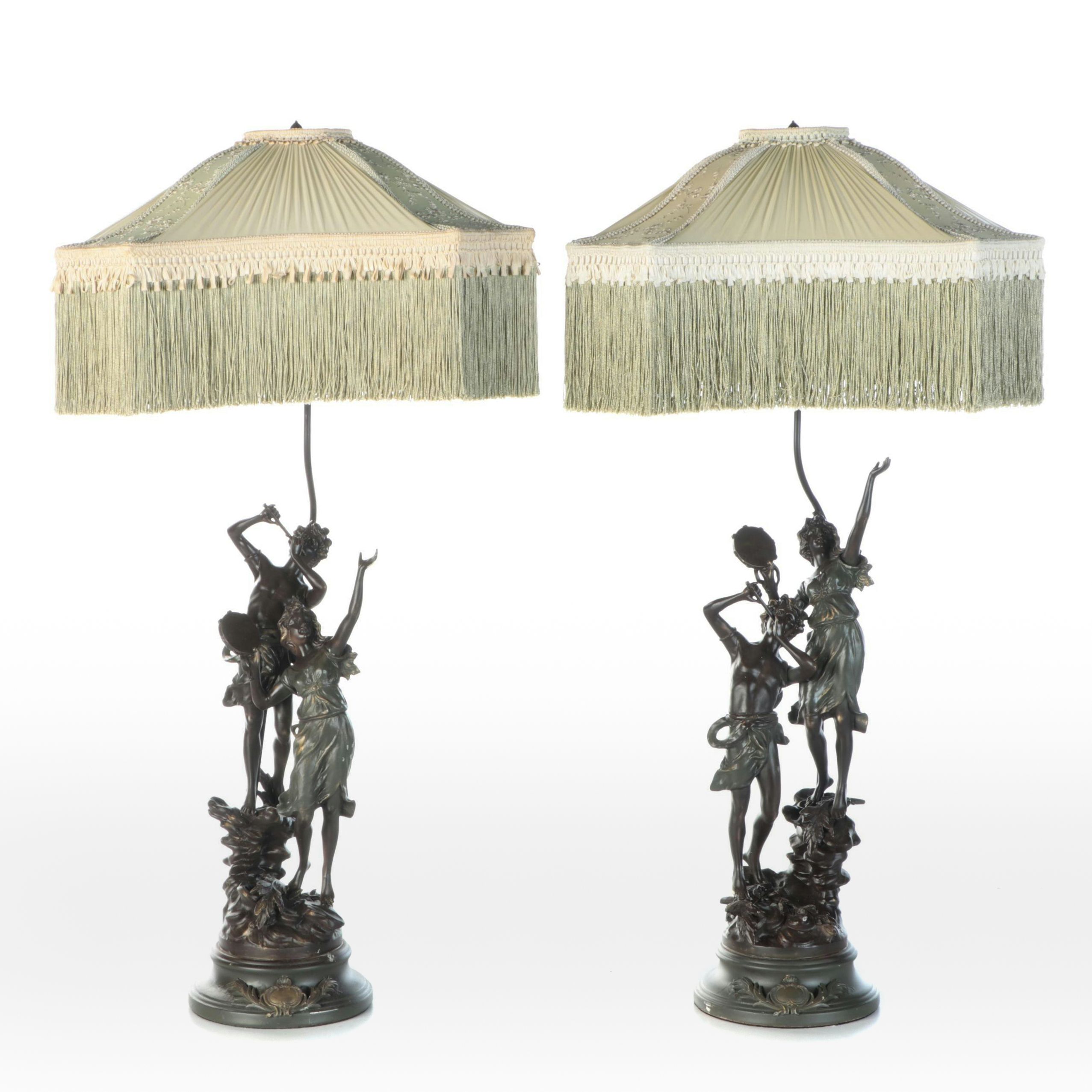 Bronzed Metal Satyr & Dryad Lamps After L&F Moreau with Victorian Square Shades