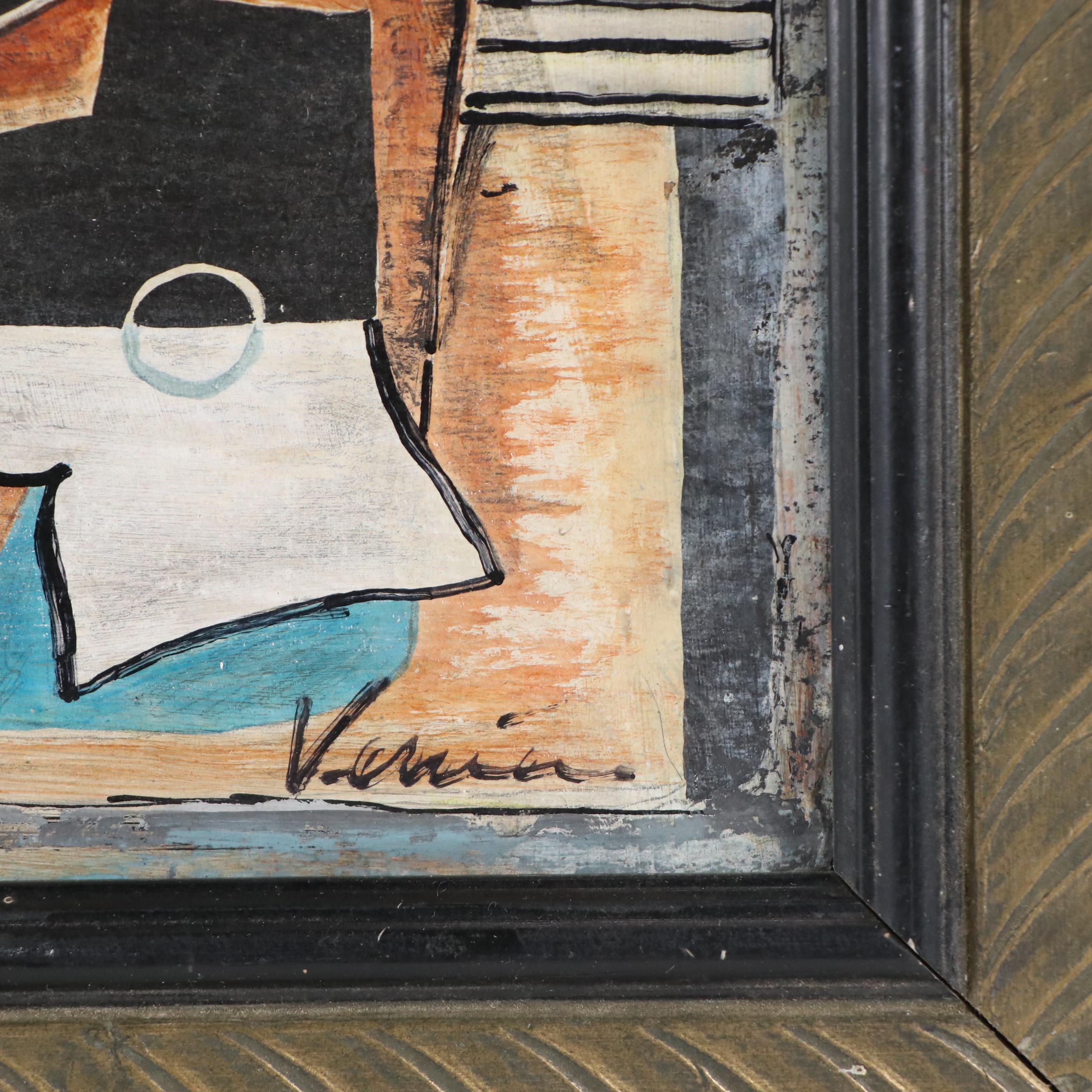 Bruno Venier Cubist Still Life Oil Painting, Mid-20th Century