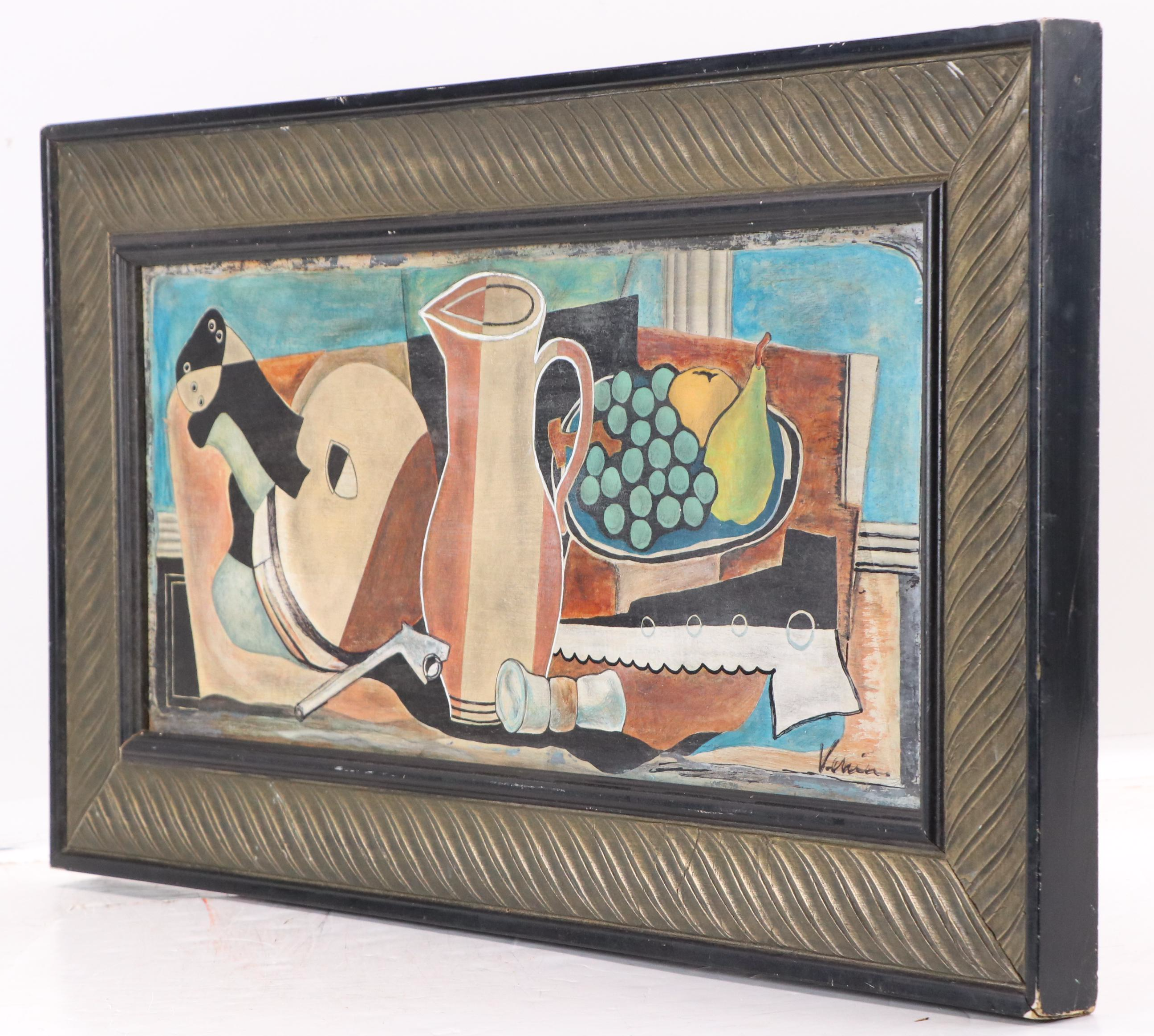 Bruno Venier Cubist Still Life Oil Painting, Mid-20th Century