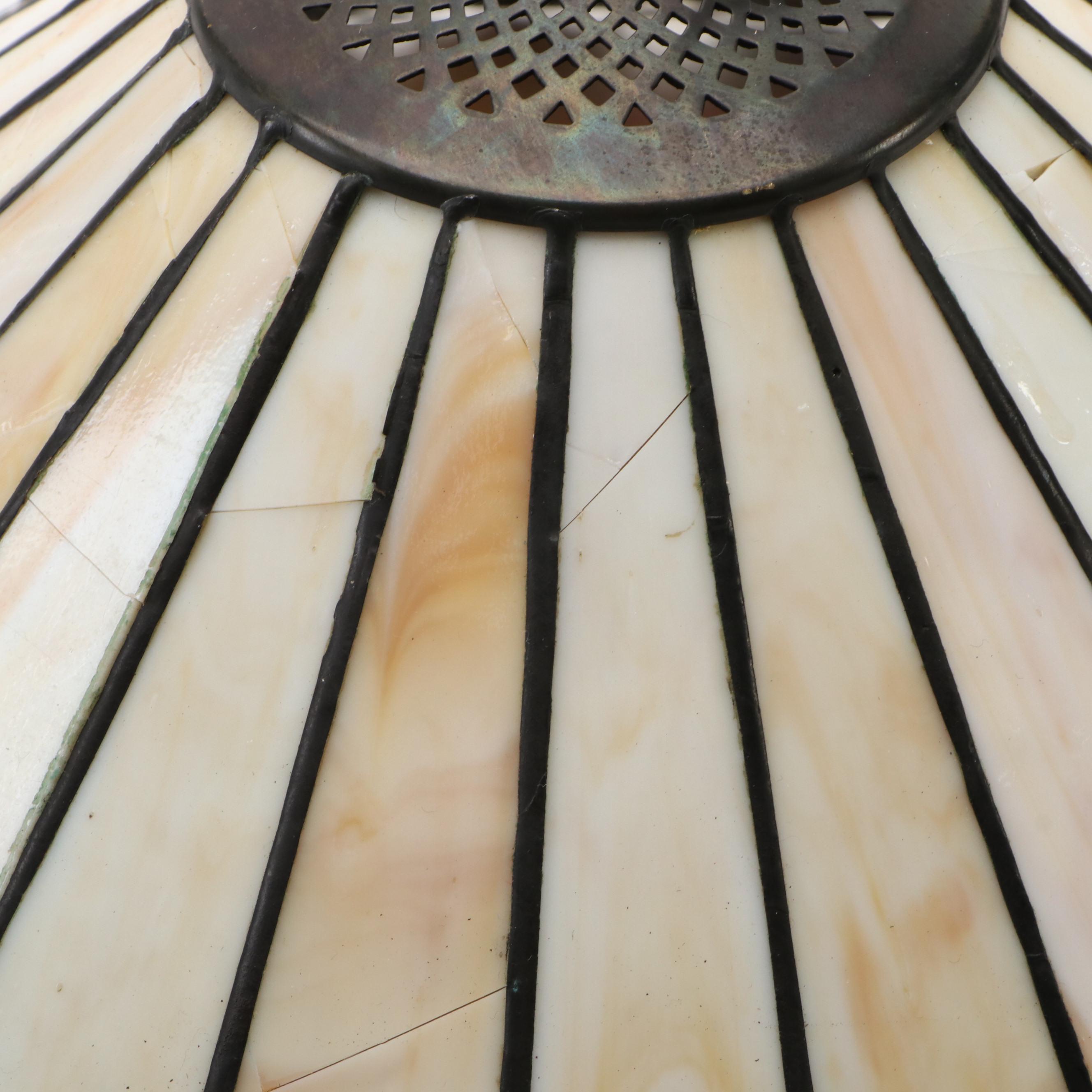 Arts and Crafts Bronzed Metal Table Lamp & Victorian Style Slag Glass Shade