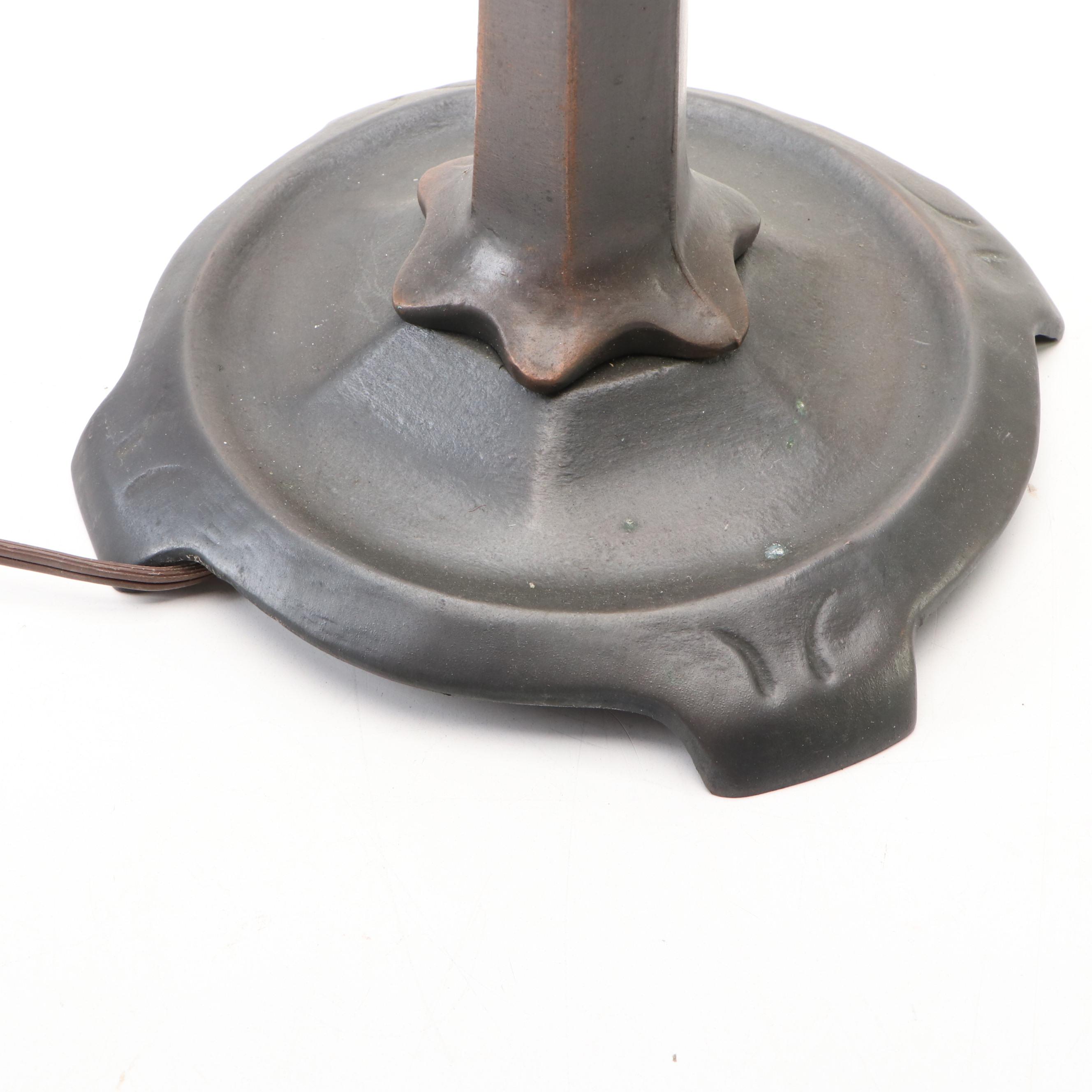 Arts and Crafts Bronzed Metal Table Lamp & Victorian Style Slag Glass Shade