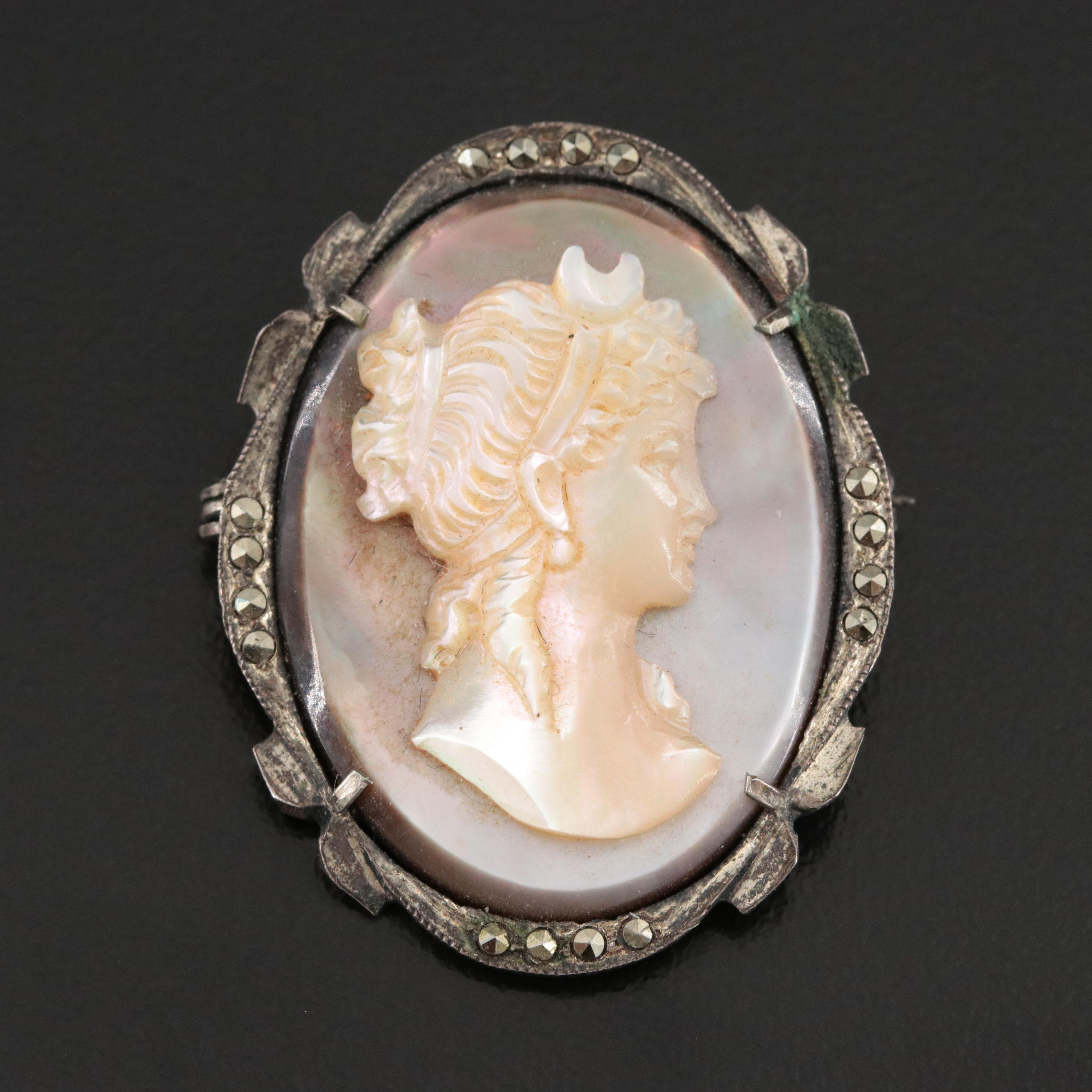 Vintage 800 Silver Mother-of-Pearl and Shell Goddess Artemis Converter Brooch