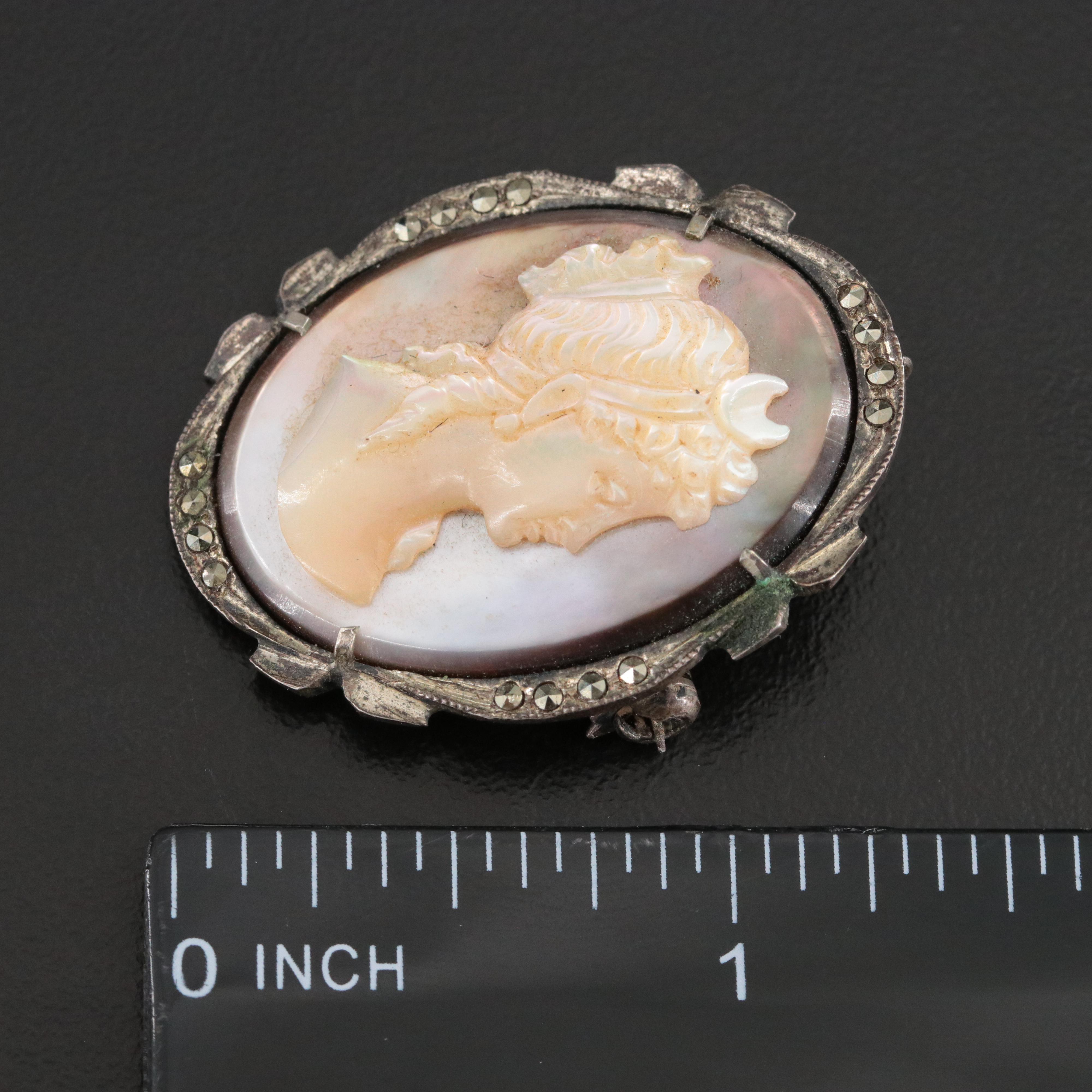 Vintage 800 Silver Mother-of-Pearl and Shell Goddess Artemis Converter Brooch