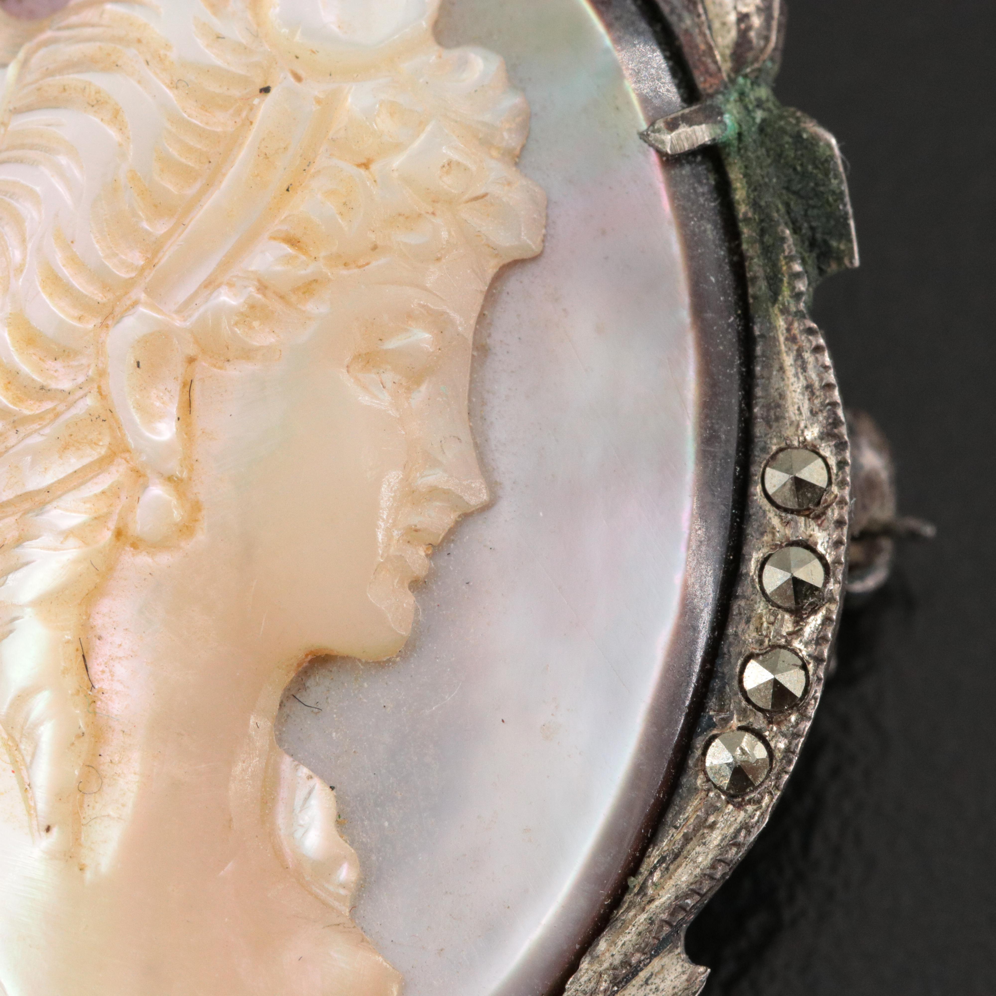 Vintage 800 Silver Mother-of-Pearl and Shell Goddess Artemis Converter Brooch