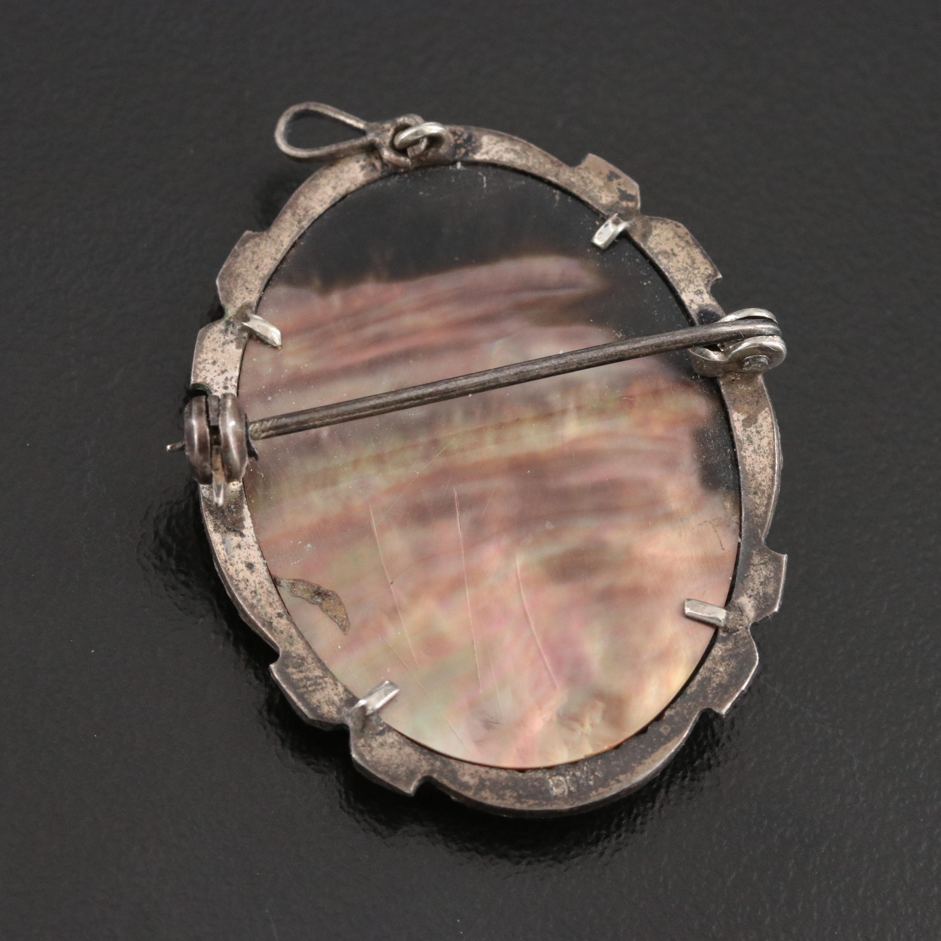 Vintage 800 Silver Mother-of-Pearl and Shell Goddess Artemis Converter Brooch