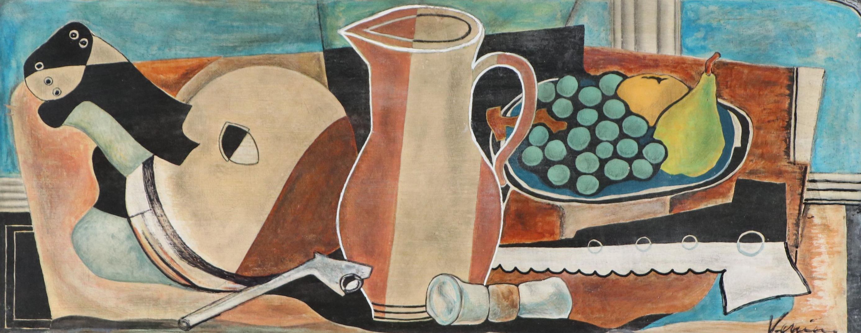 Bruno Venier Cubist Still Life Oil Painting, Mid-20th Century
