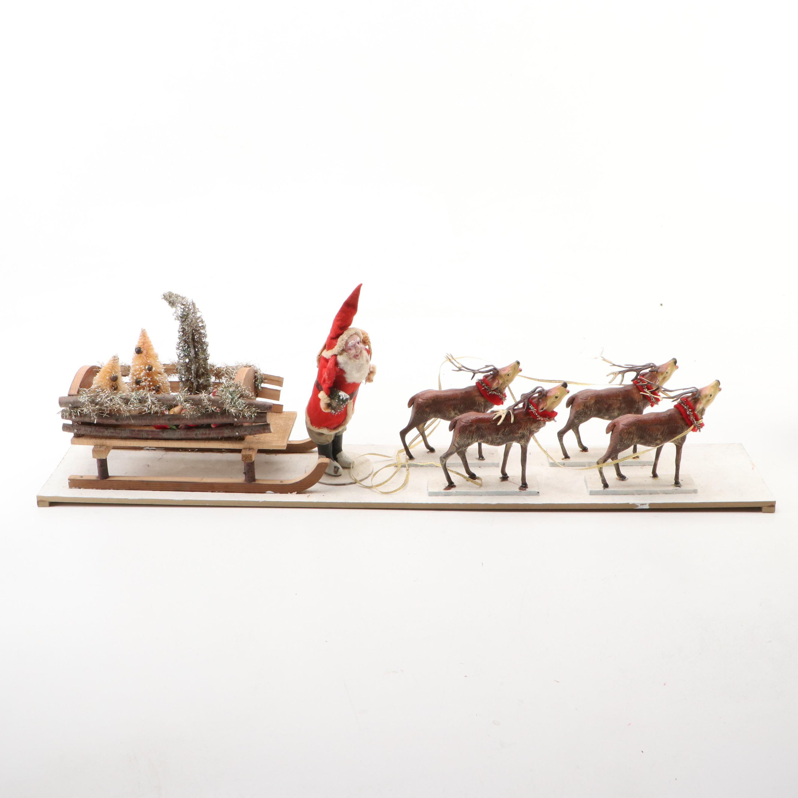 Vintage Santa with Sled and Metal Reindeer Diorama