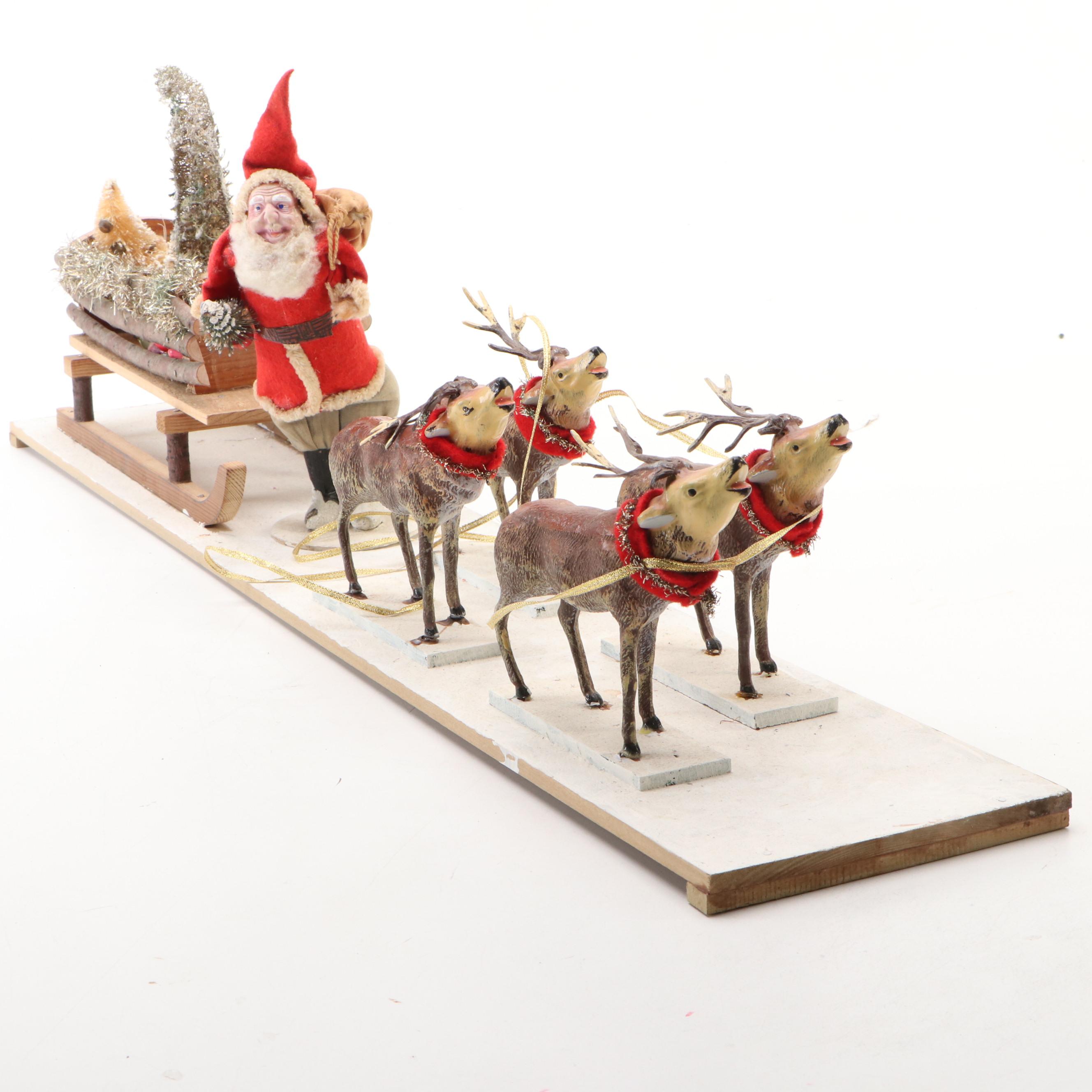 Vintage Santa with Sled and Metal Reindeer Diorama