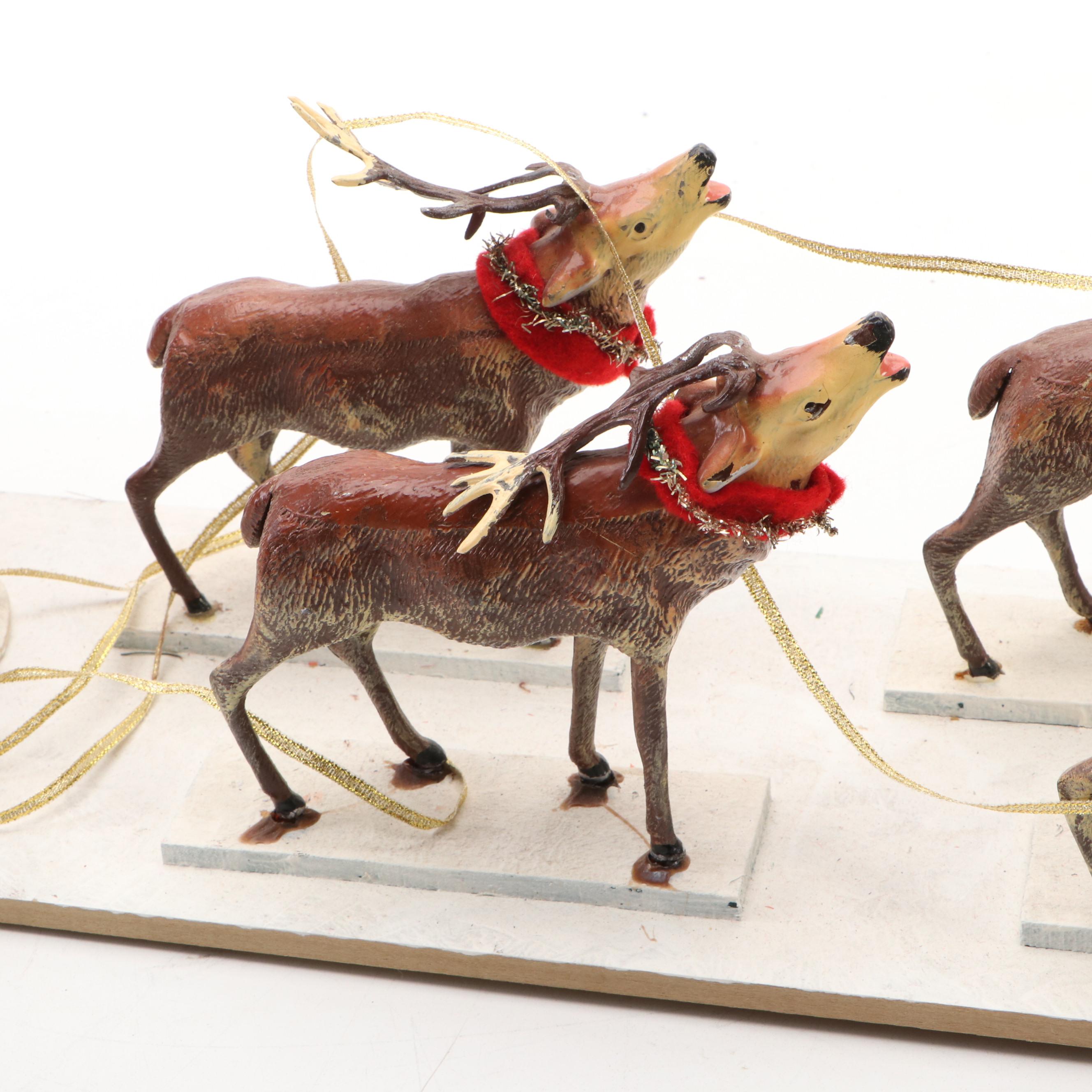 Vintage Santa with Sled and Metal Reindeer Diorama