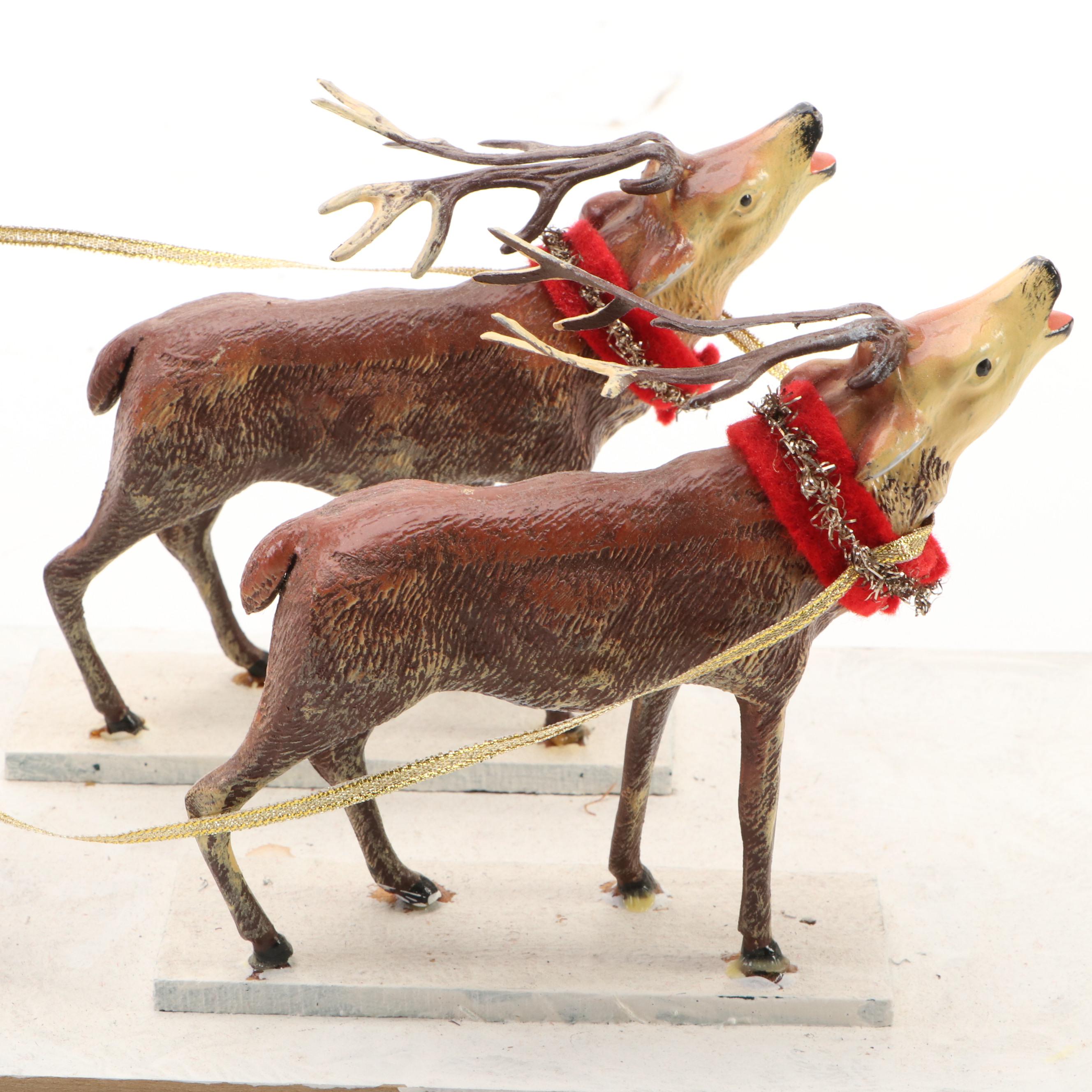 Vintage Santa with Sled and Metal Reindeer Diorama