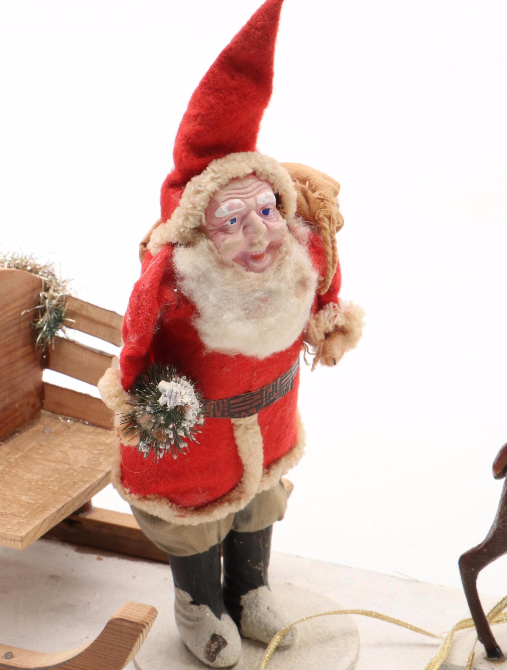 Vintage Santa with Sled and Metal Reindeer Diorama