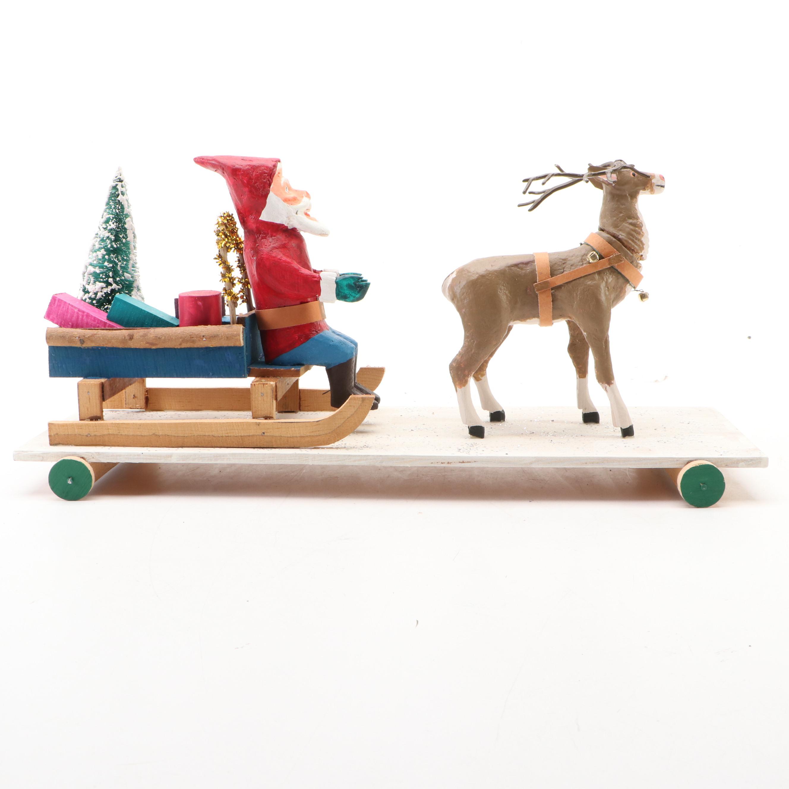 Folk Art Hand-Painted Santa Claus Pull Toy