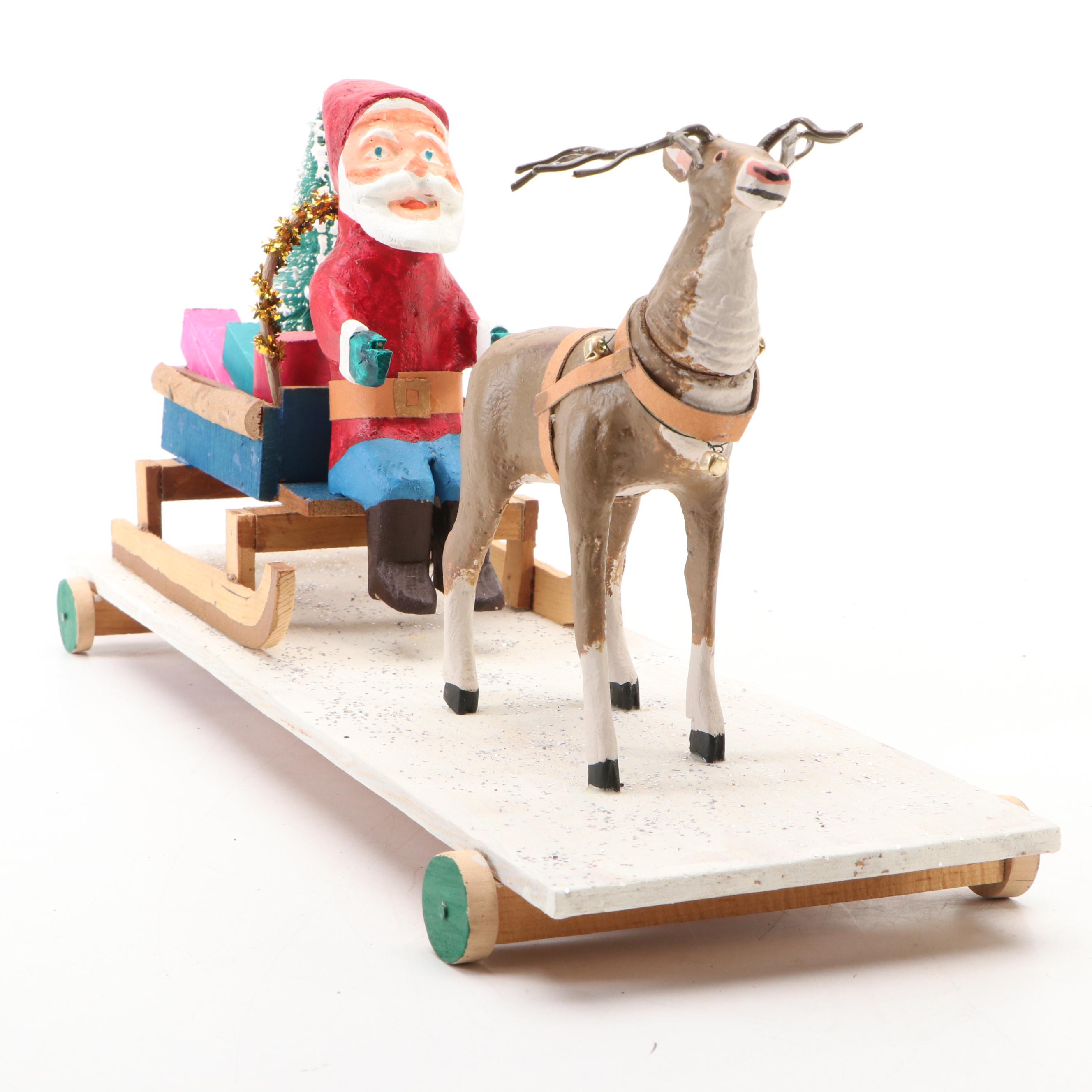 Folk Art Hand-Painted Santa Claus Pull Toy