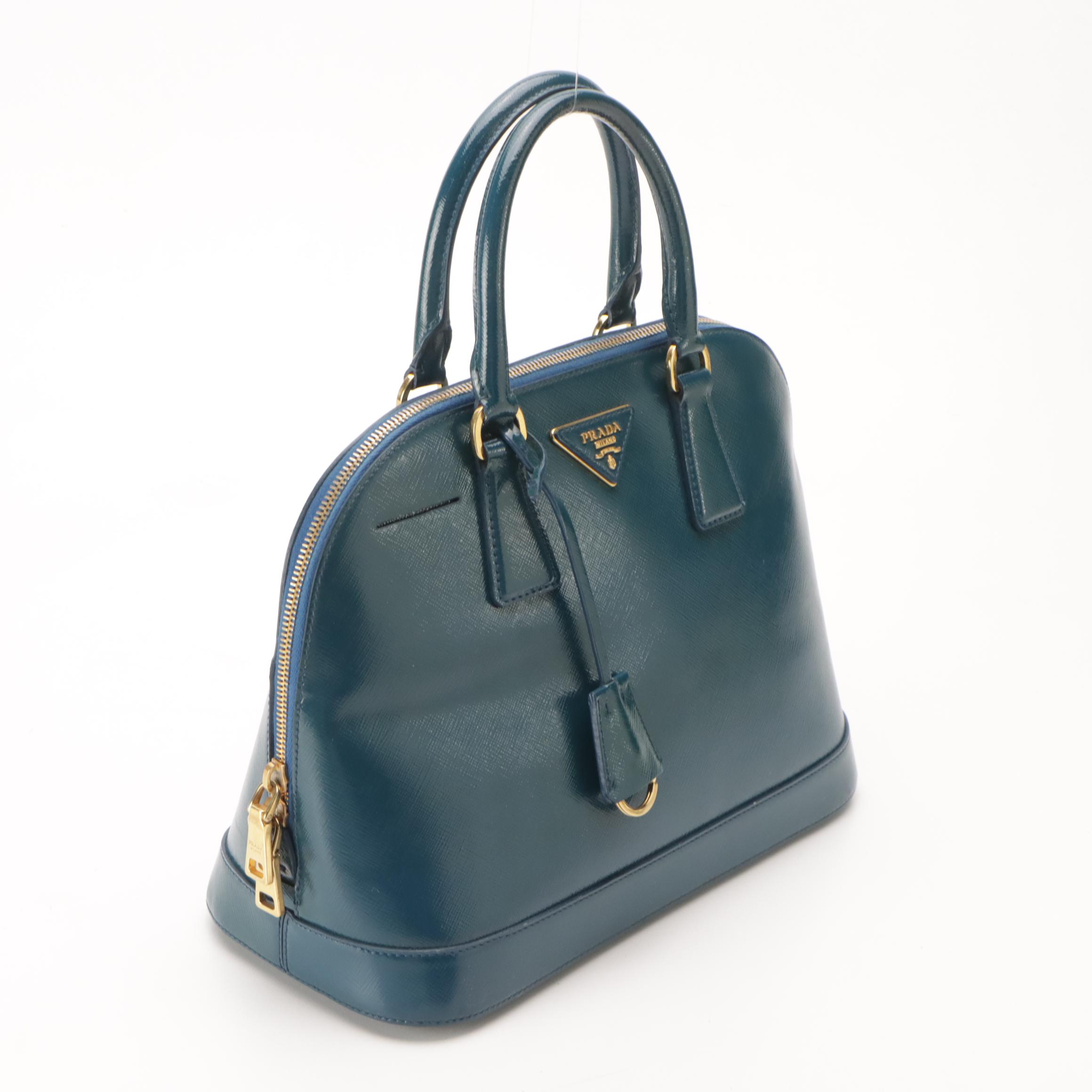 Prada Promenade Dome Handbag in Teal Saffiano Patent Leather