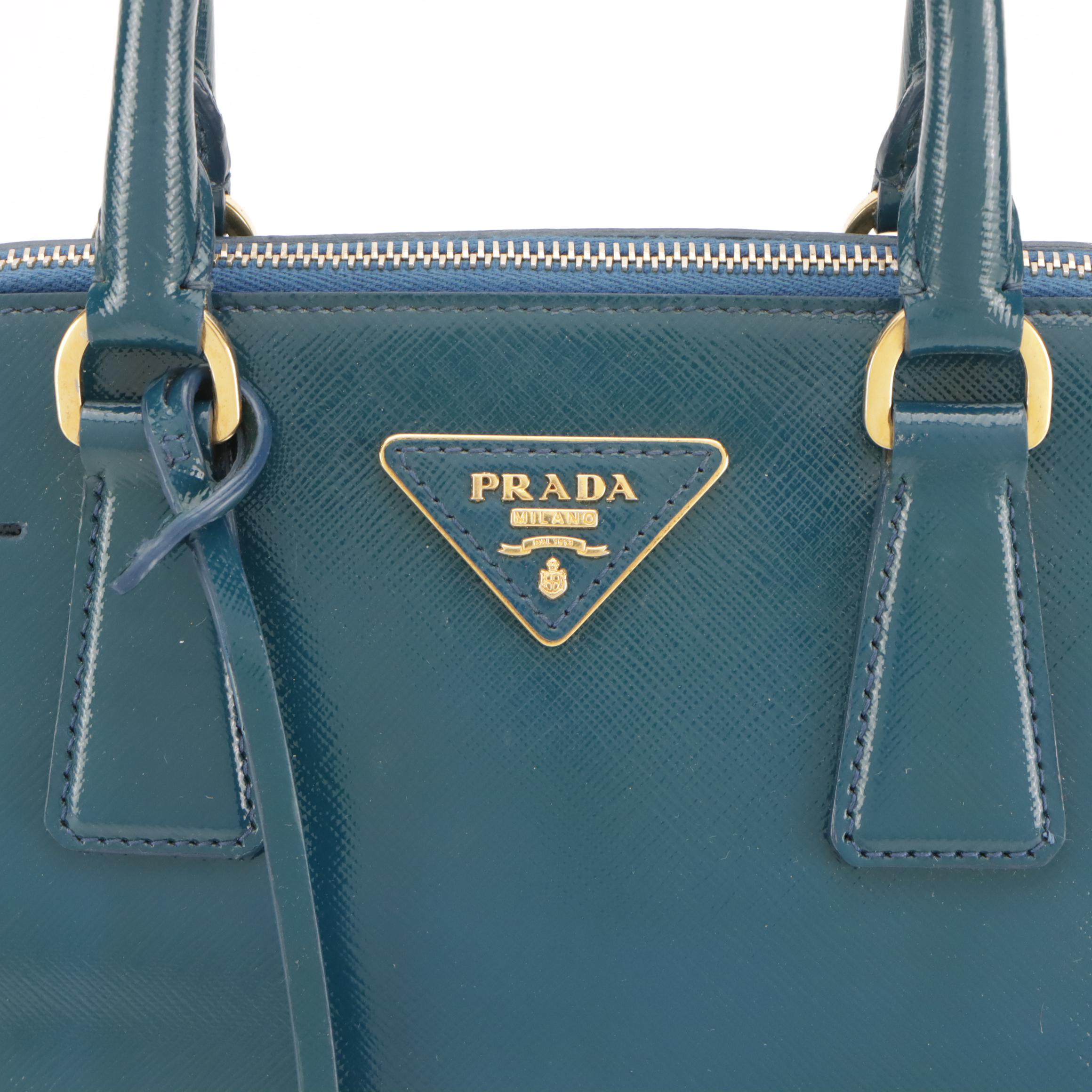 Prada Promenade Dome Handbag in Teal Saffiano Patent Leather