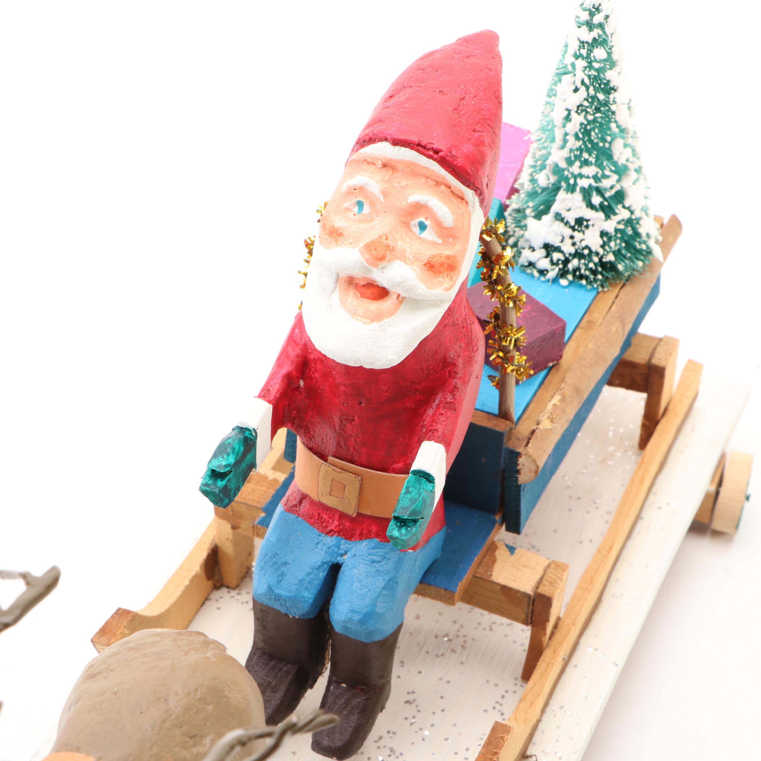 Folk Art Hand-Painted Santa Claus Pull Toy