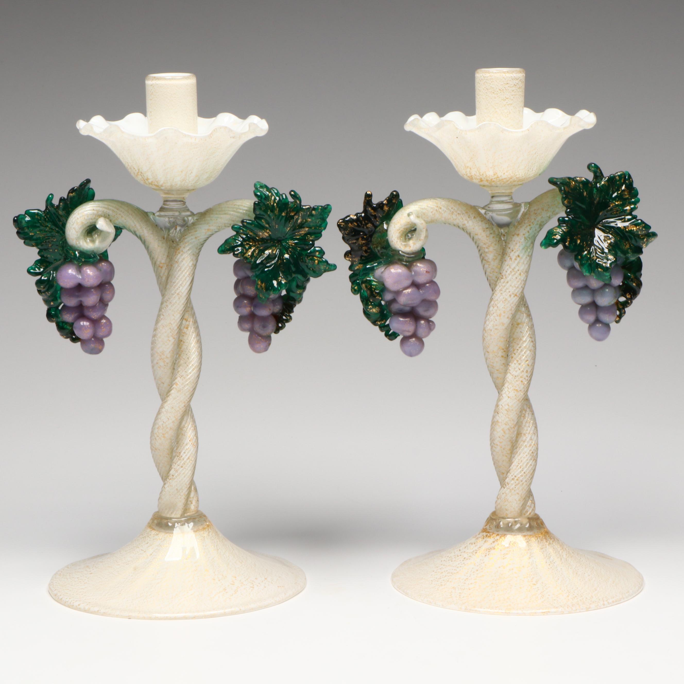 Murano Art Glass Candlesticks with Grapes Attributed to Salviati & Co