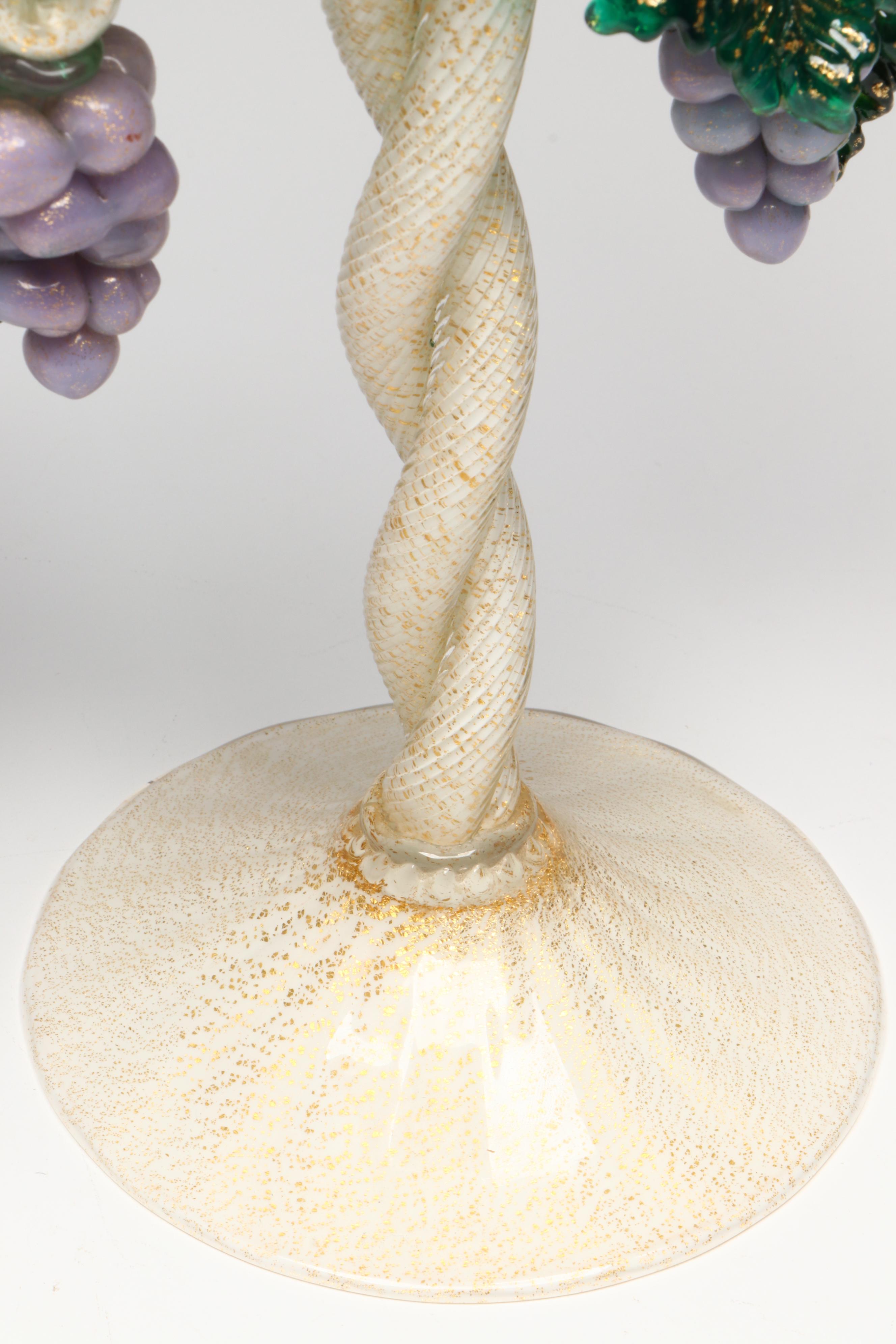 Murano Art Glass Candlesticks with Grapes Attributed to Salviati & Co