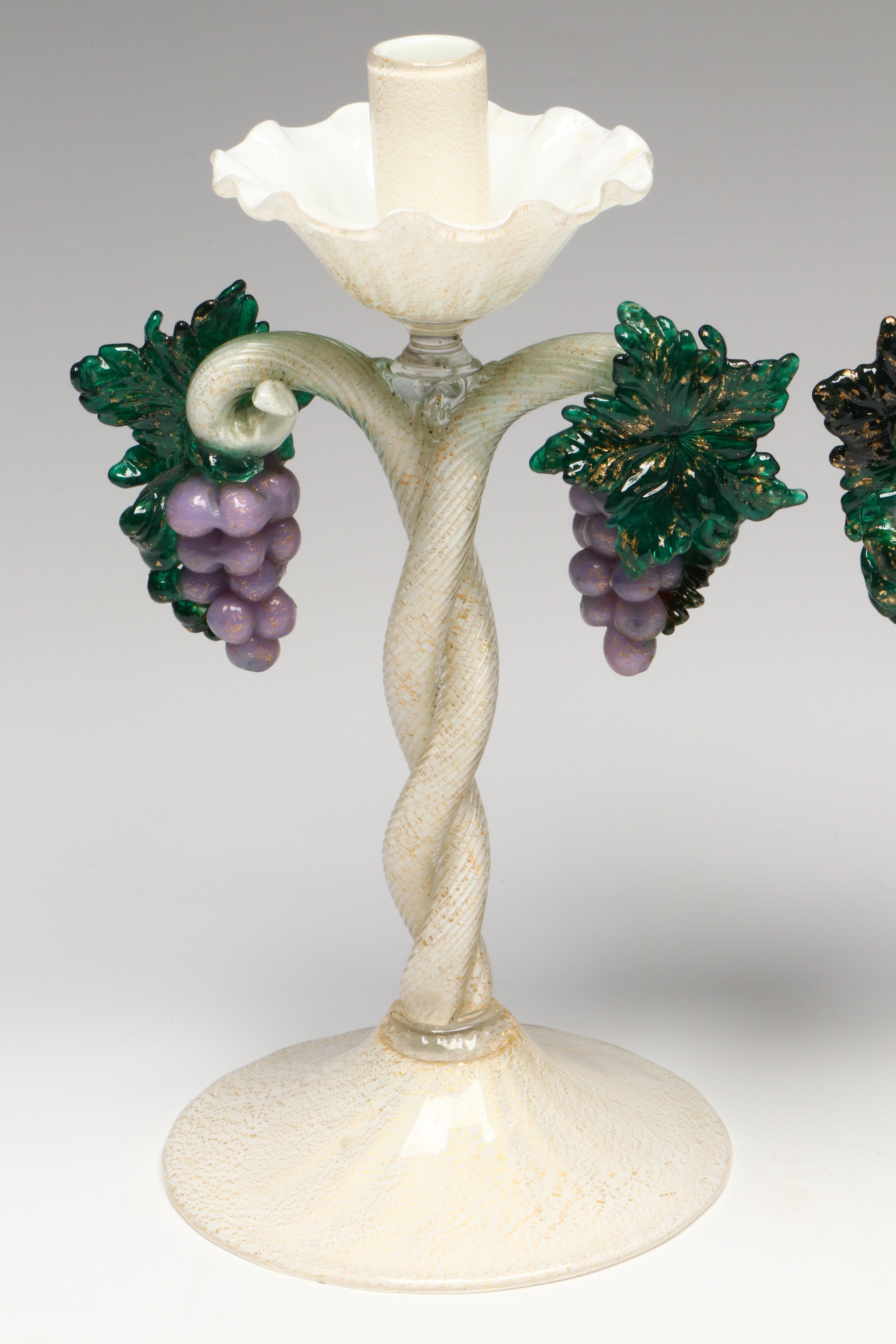 Murano Art Glass Candlesticks with Grapes Attributed to Salviati & Co