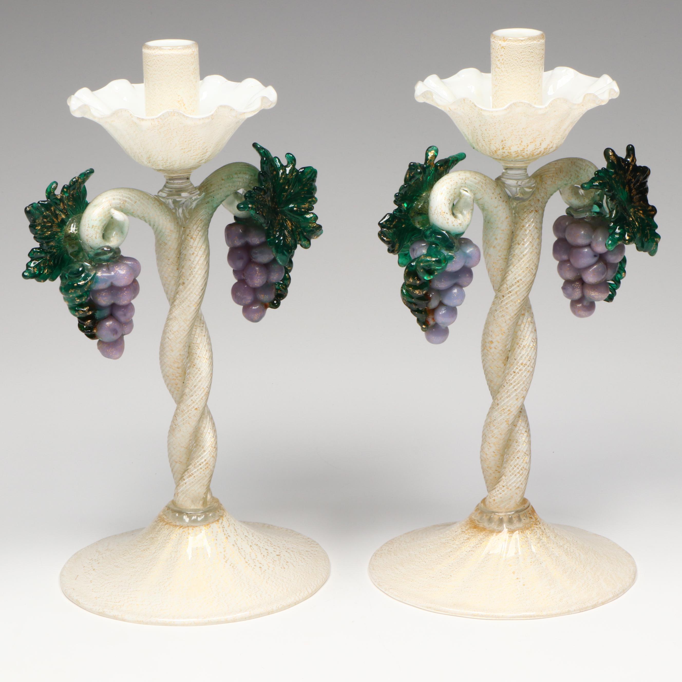 Murano Art Glass Candlesticks with Grapes Attributed to Salviati & Co
