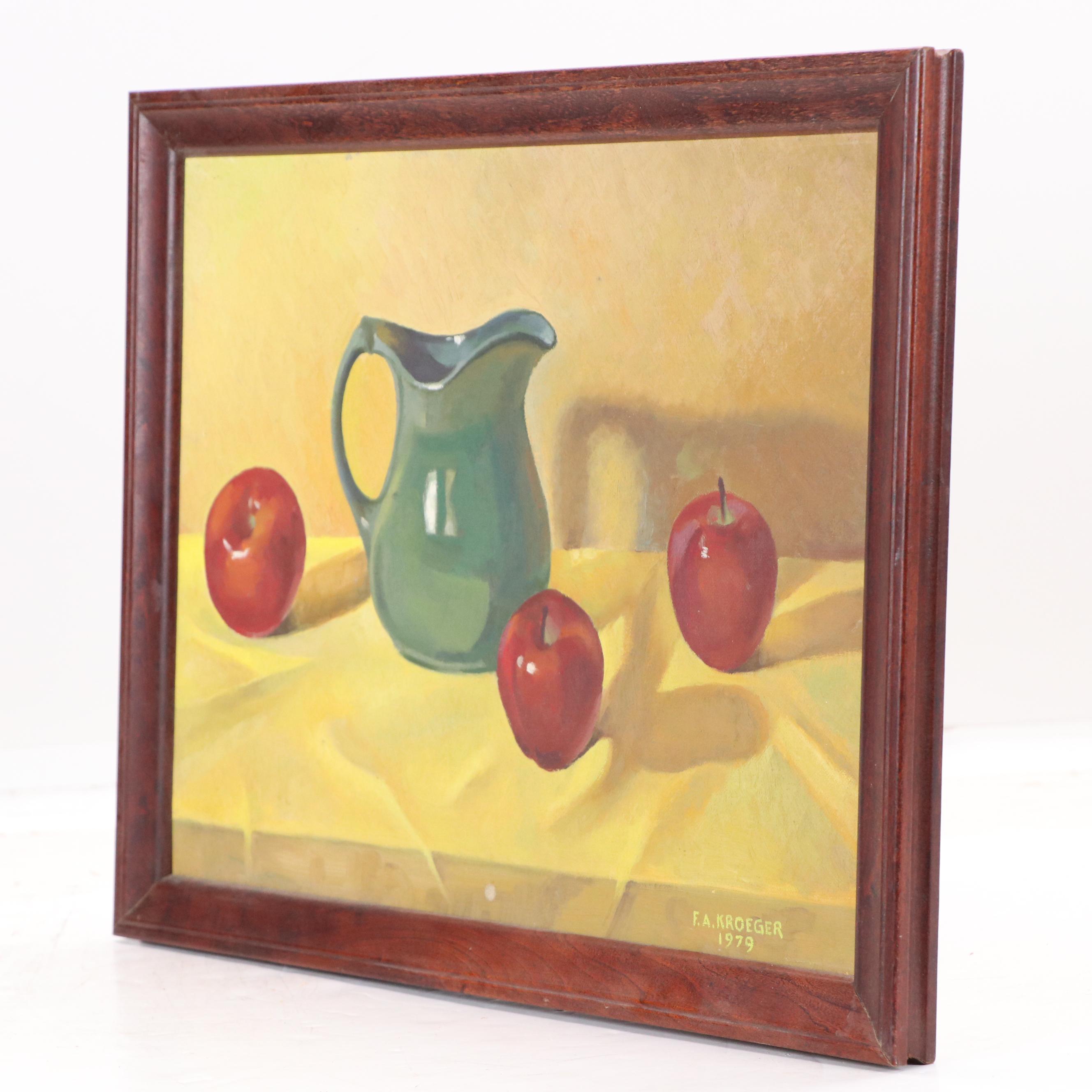 F. A. Kroeger MCM Still Life Oil Painting with Apples, 1979