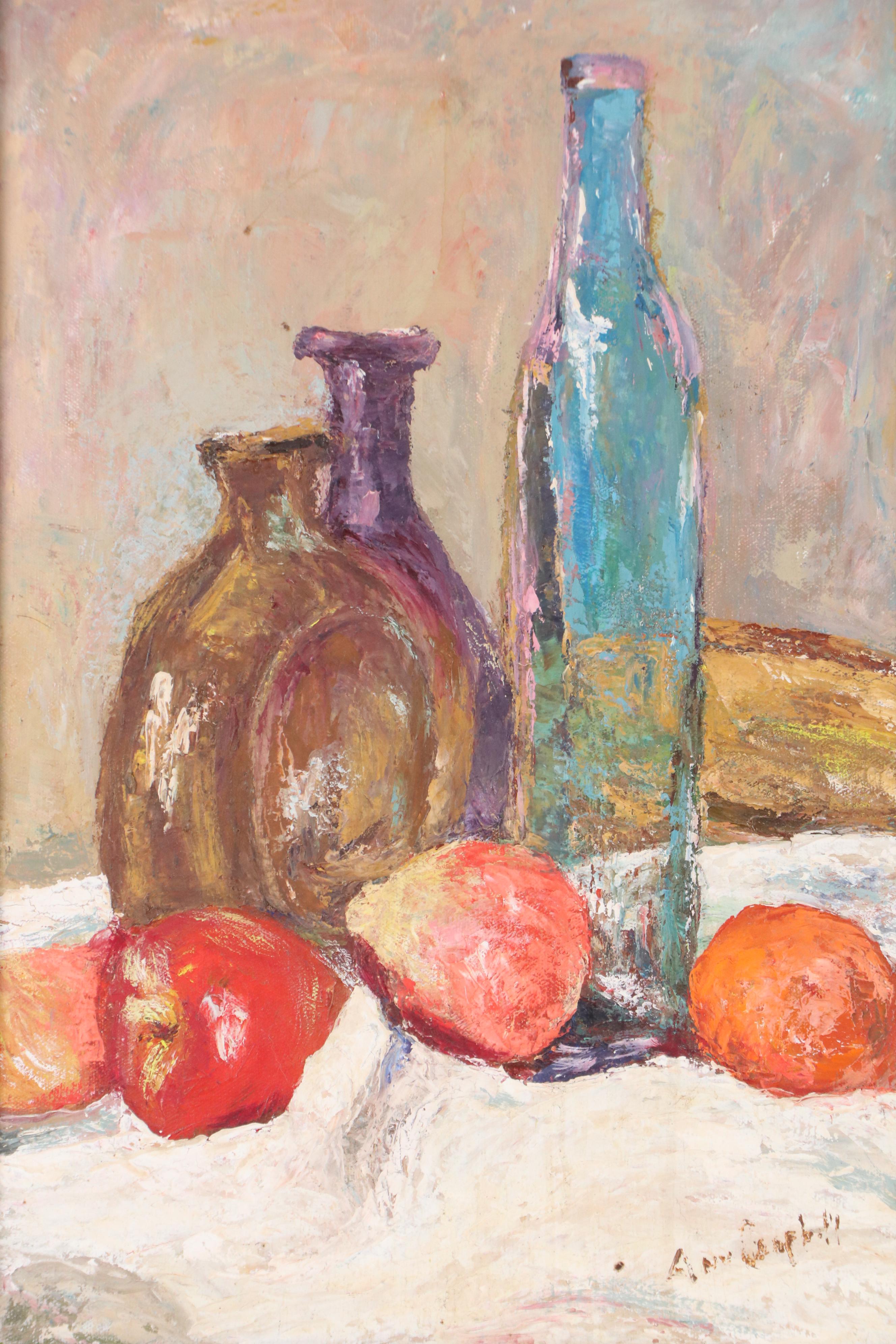 Ann Campbell Still Life Oil Painting with Bottles, Mid-Late 20th Century