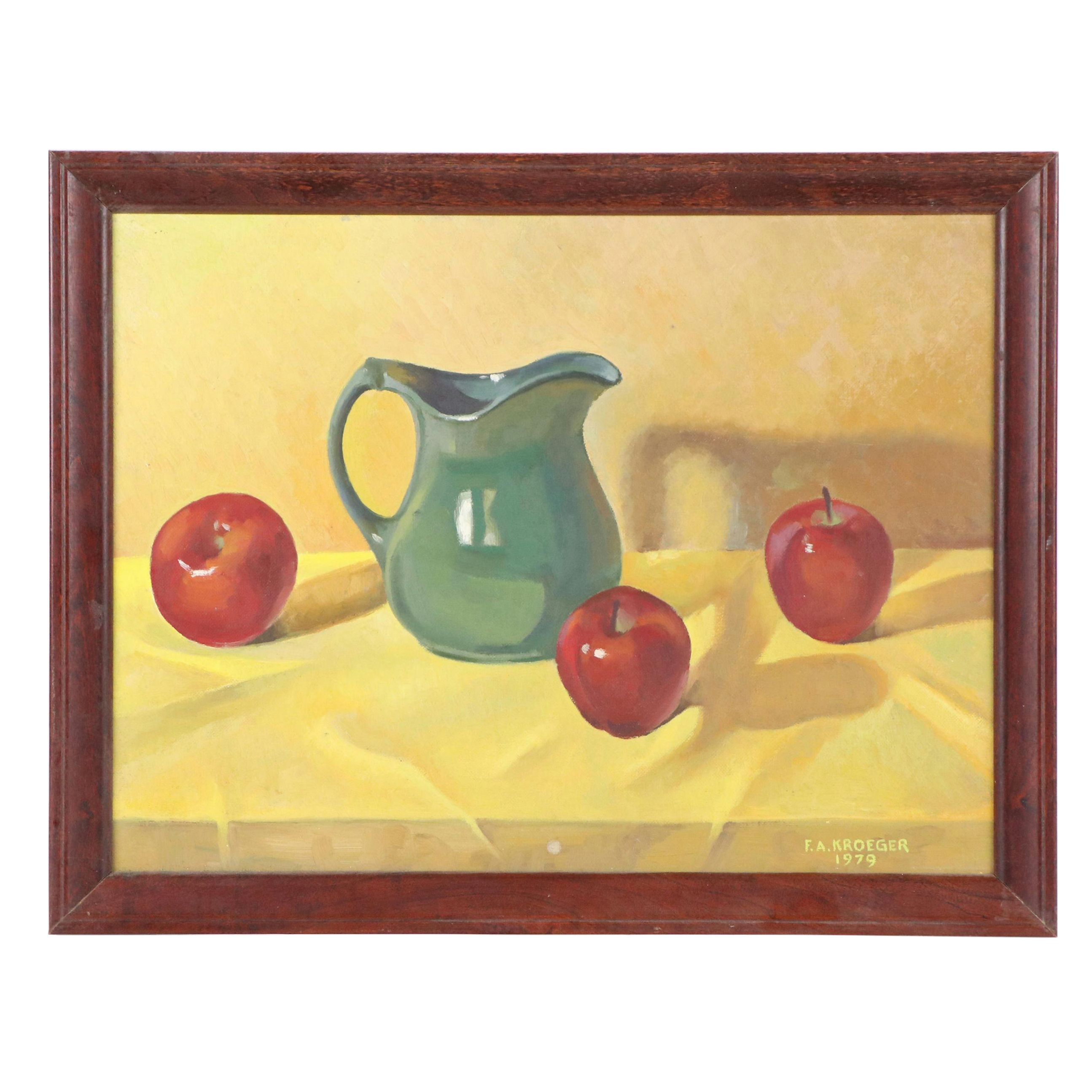 F. A. Kroeger MCM Still Life Oil Painting with Apples, 1979