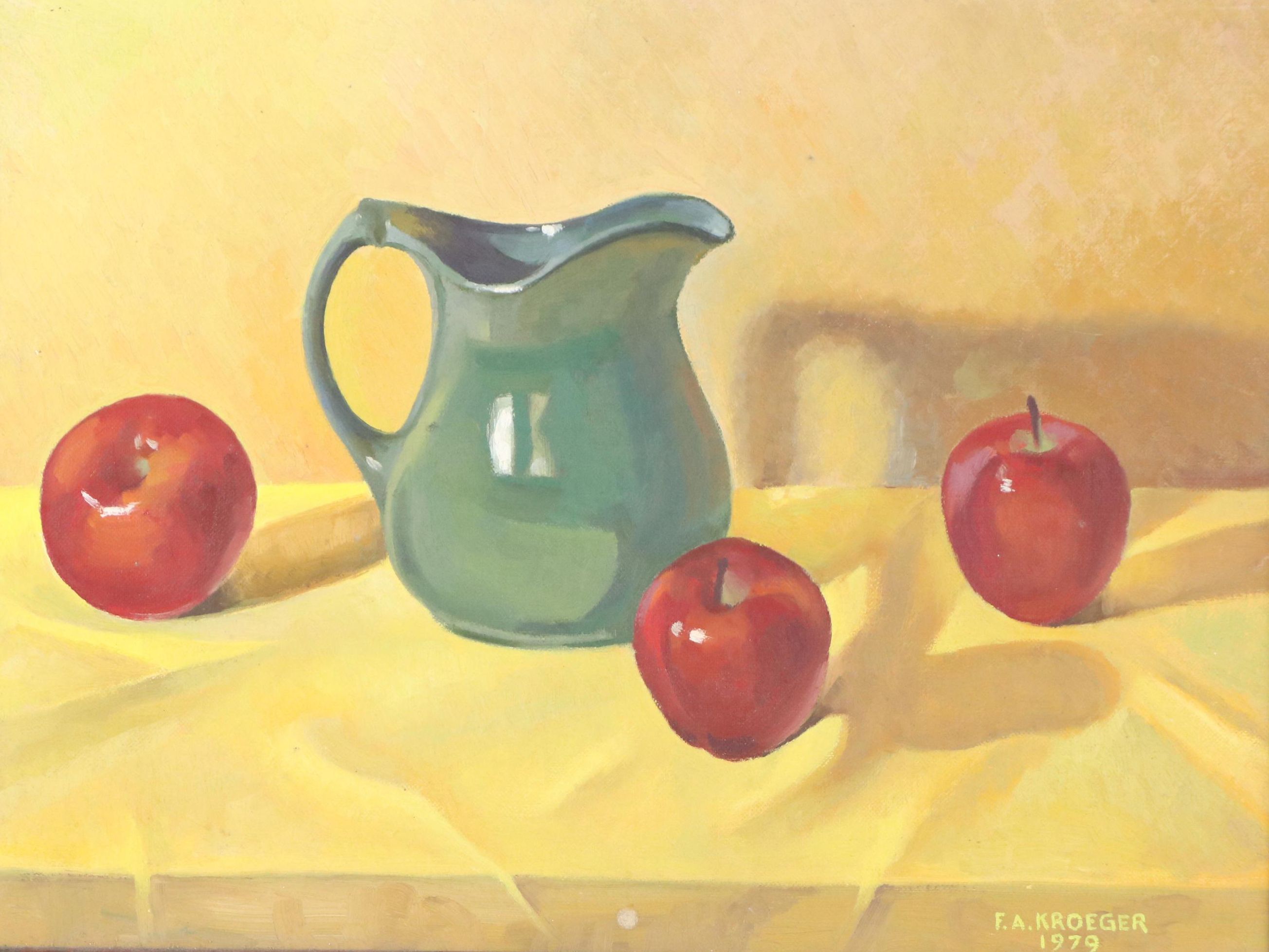 F. A. Kroeger MCM Still Life Oil Painting with Apples, 1979