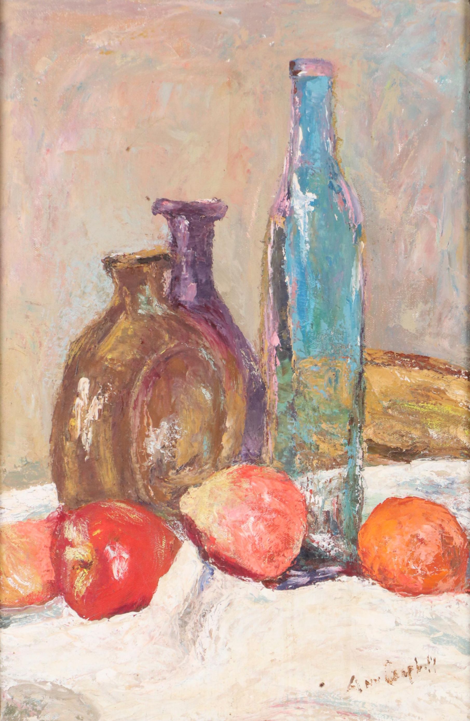 Ann Campbell Still Life Oil Painting with Bottles, Mid-Late 20th Century