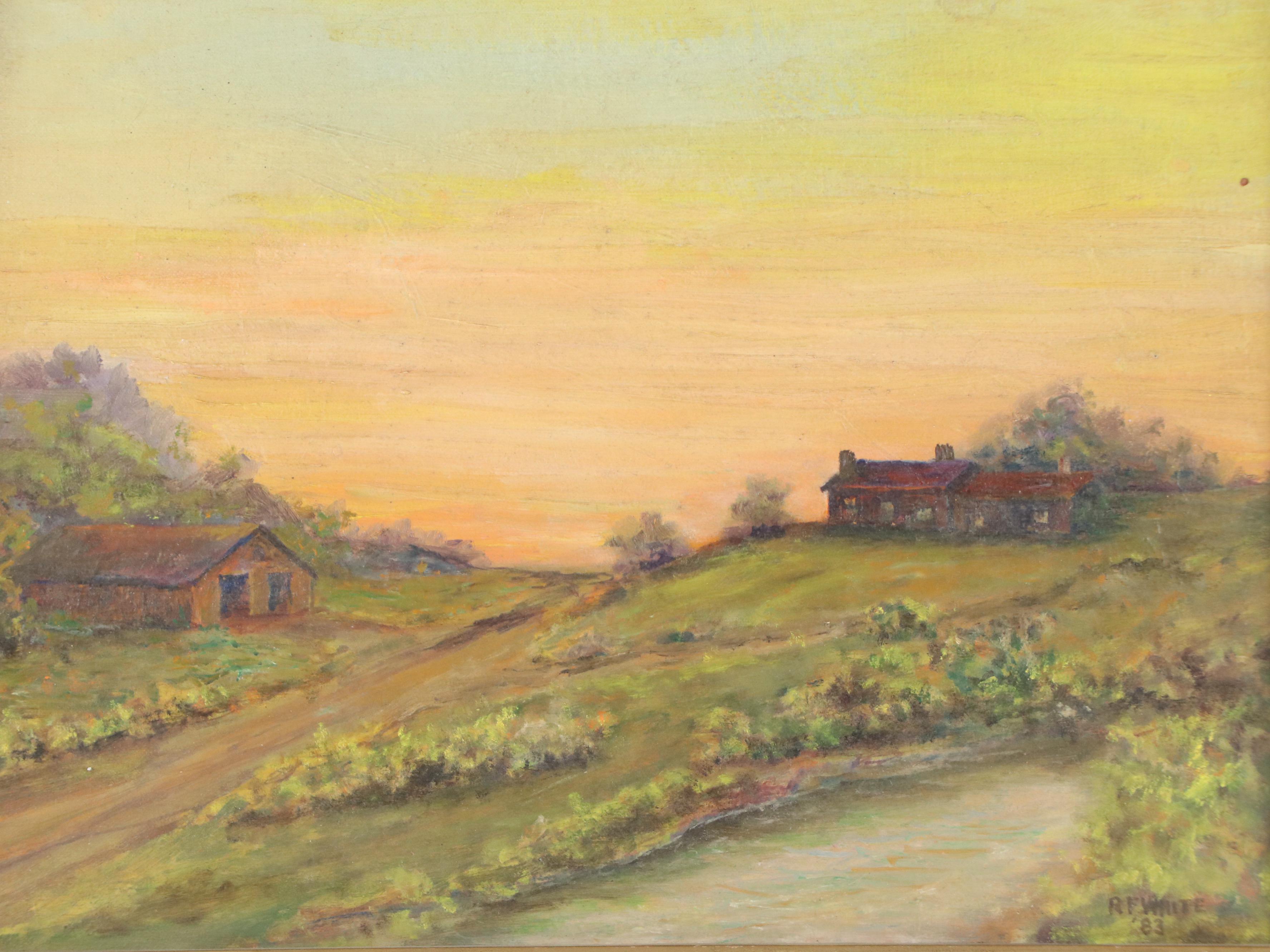 R.F White Farmhouse Landscape Oil Painting, 1983