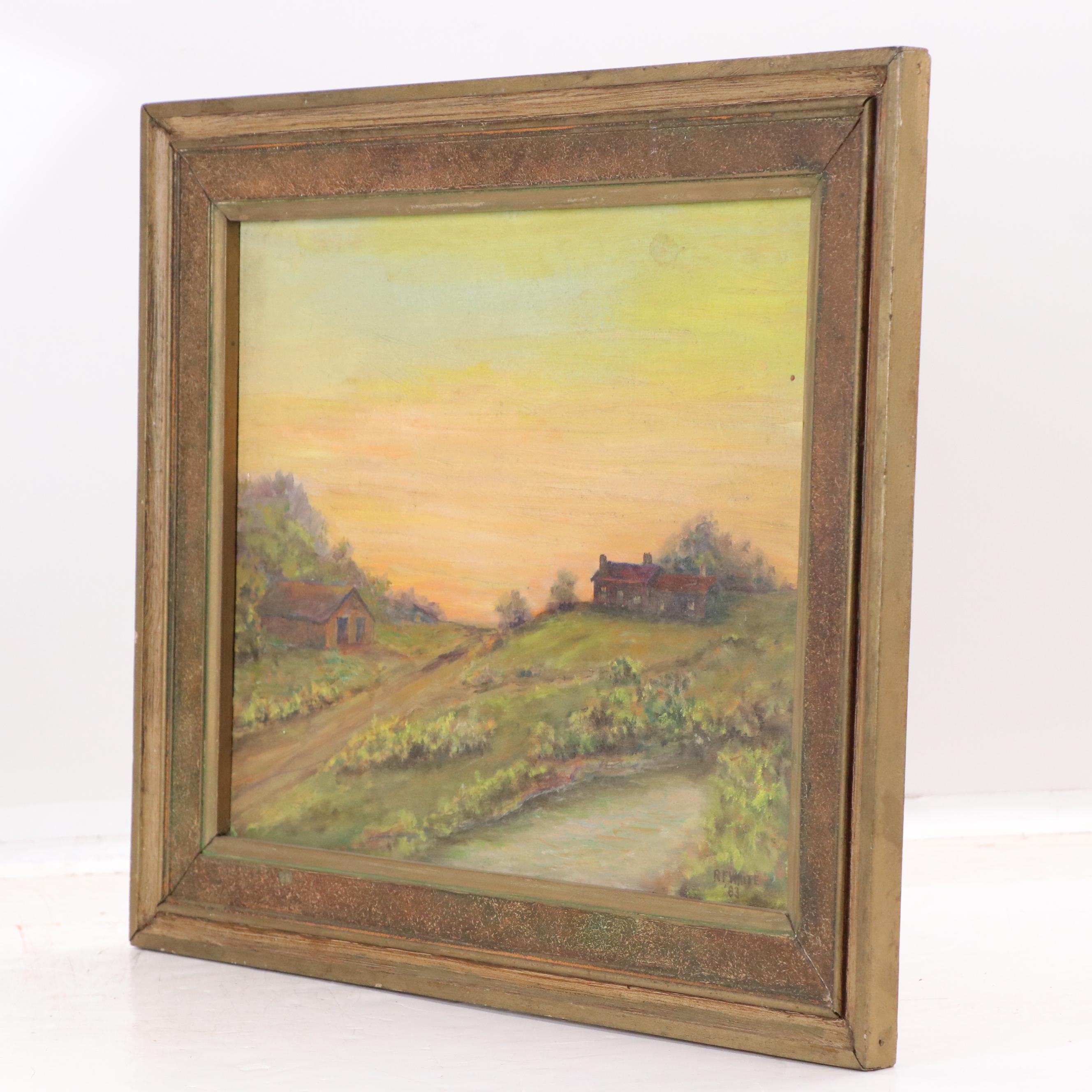 R.F White Farmhouse Landscape Oil Painting, 1983