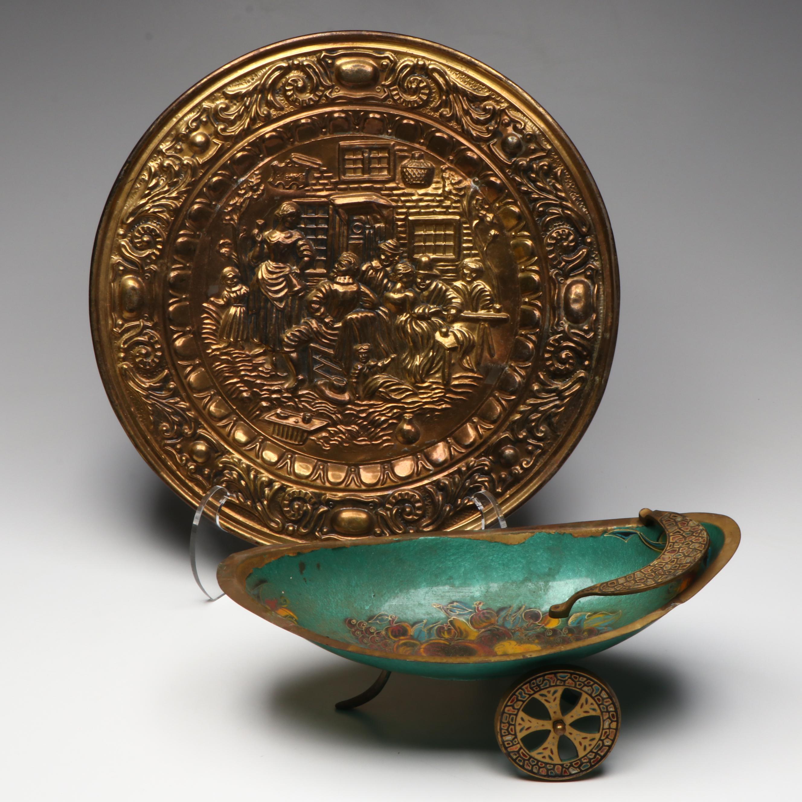 Colonial Tavern Scene Brass Wall Plaque with Israeli Metal Fruit Bowl