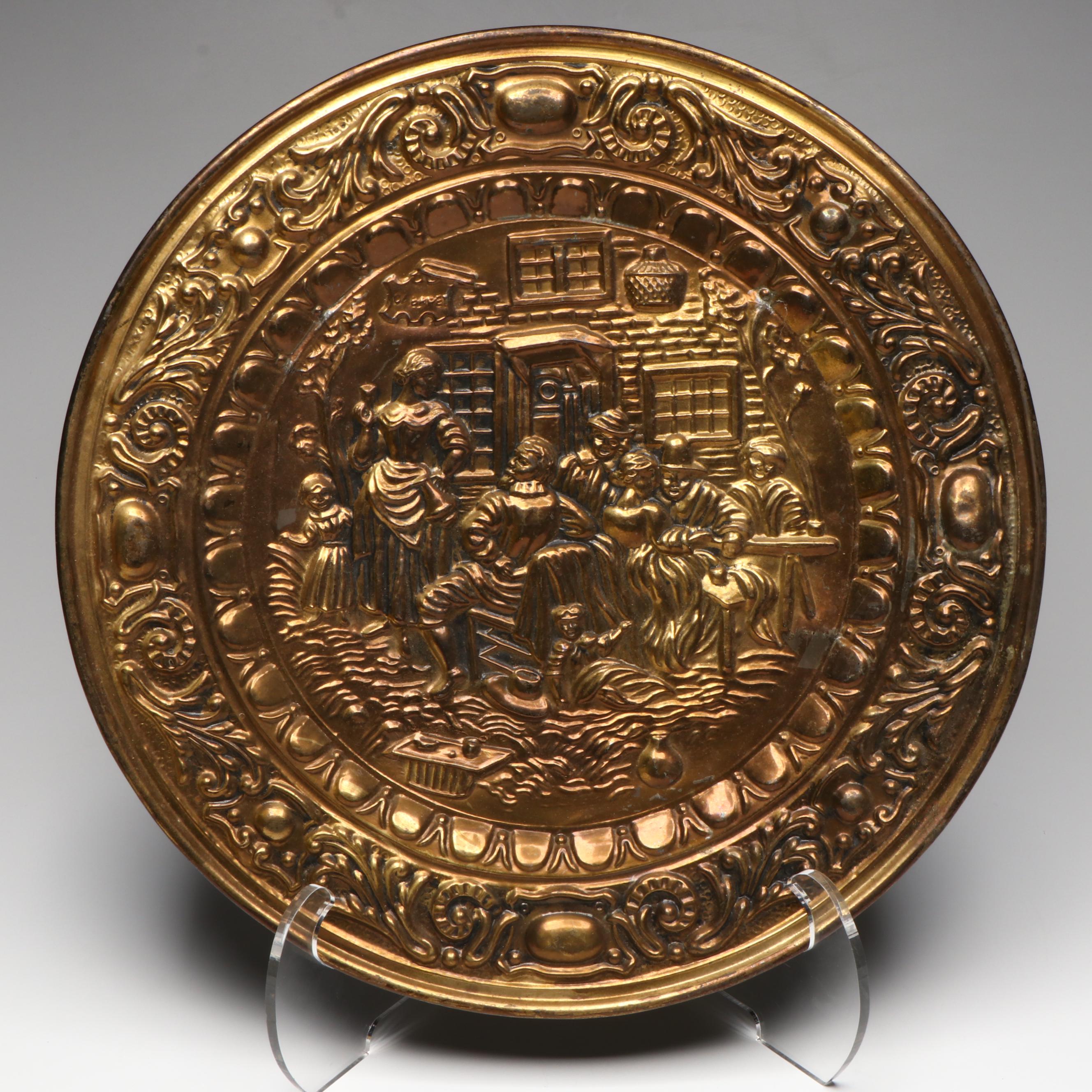 Colonial Tavern Scene Brass Wall Plaque with Israeli Metal Fruit Bowl